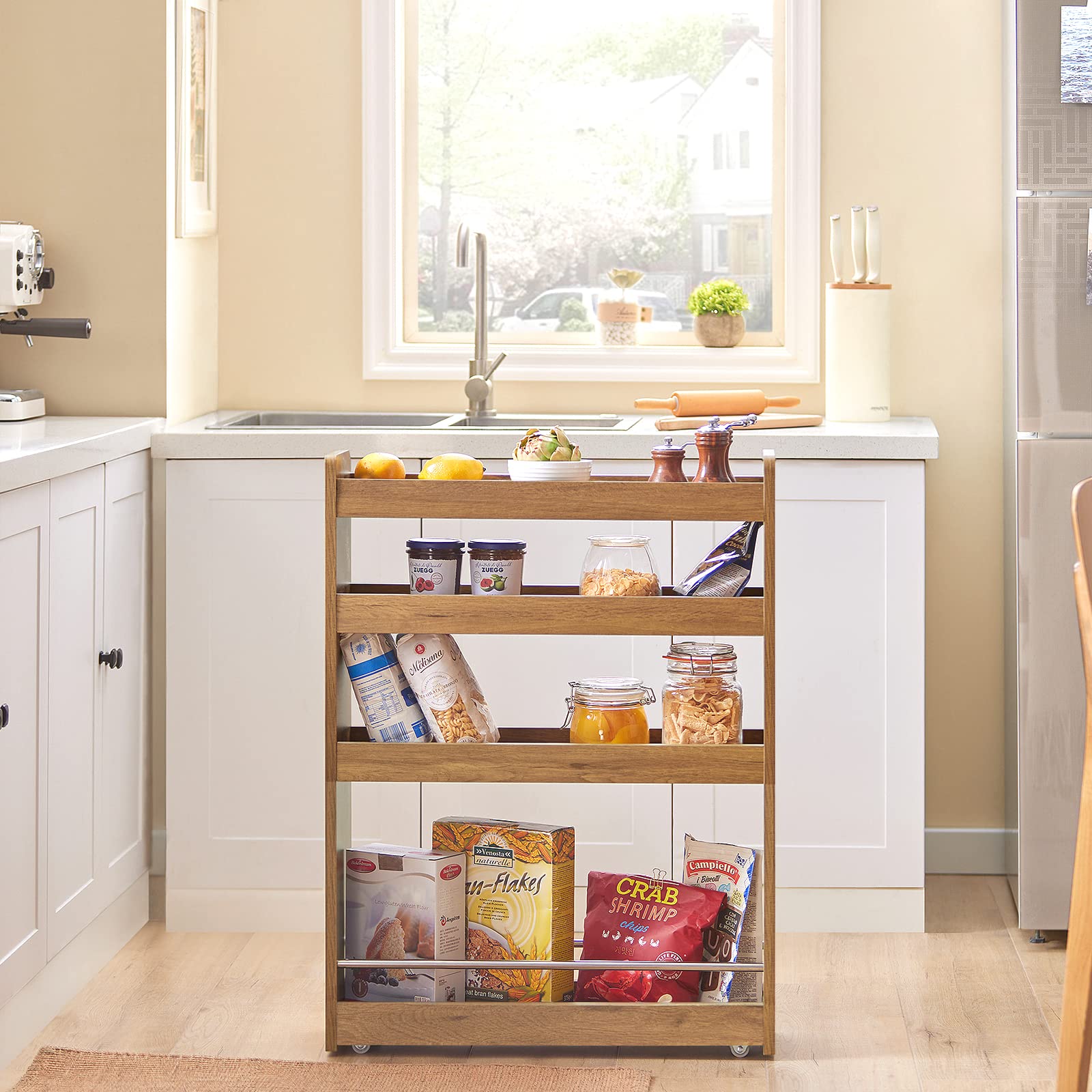 SoBuy Carro Auxiliar con Ruedas para Cocina y Baño, 4 Niveles, 60x81x18,5cm | Estante Salvaspacio de 4 Niveles con ruedas & barra anticaída, carga 5 kg/nivel, PB, cocina & baño & dormitorio, NSR01-PF