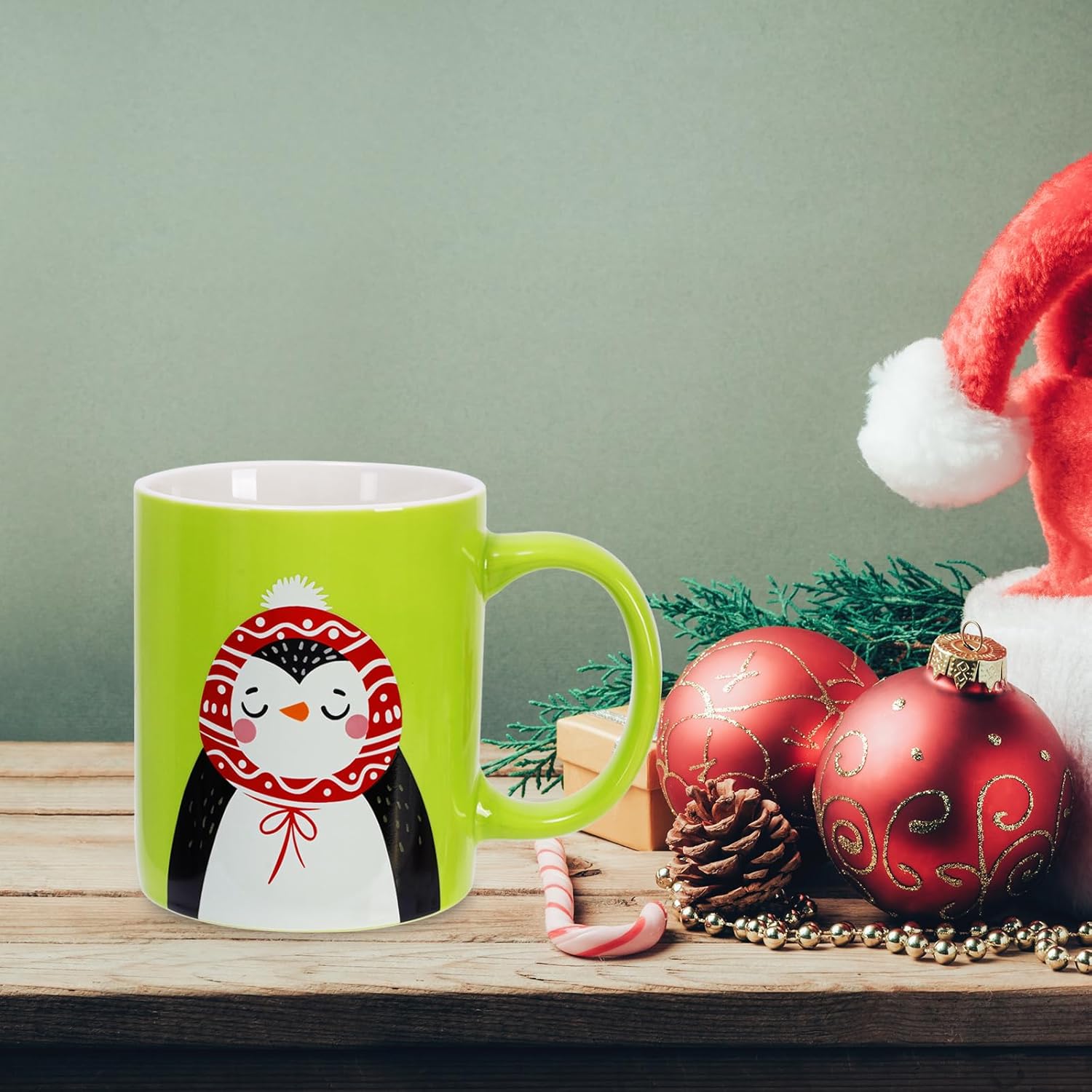 Whaline 6Pcs Christmas Mug Set 12oz Santa Claus Snowman Reindeer Penguin Xmas Coffee Mug Red Green Christmas Ceramic Mugs for Home School Office Table Centerpieces Housewarming Gift