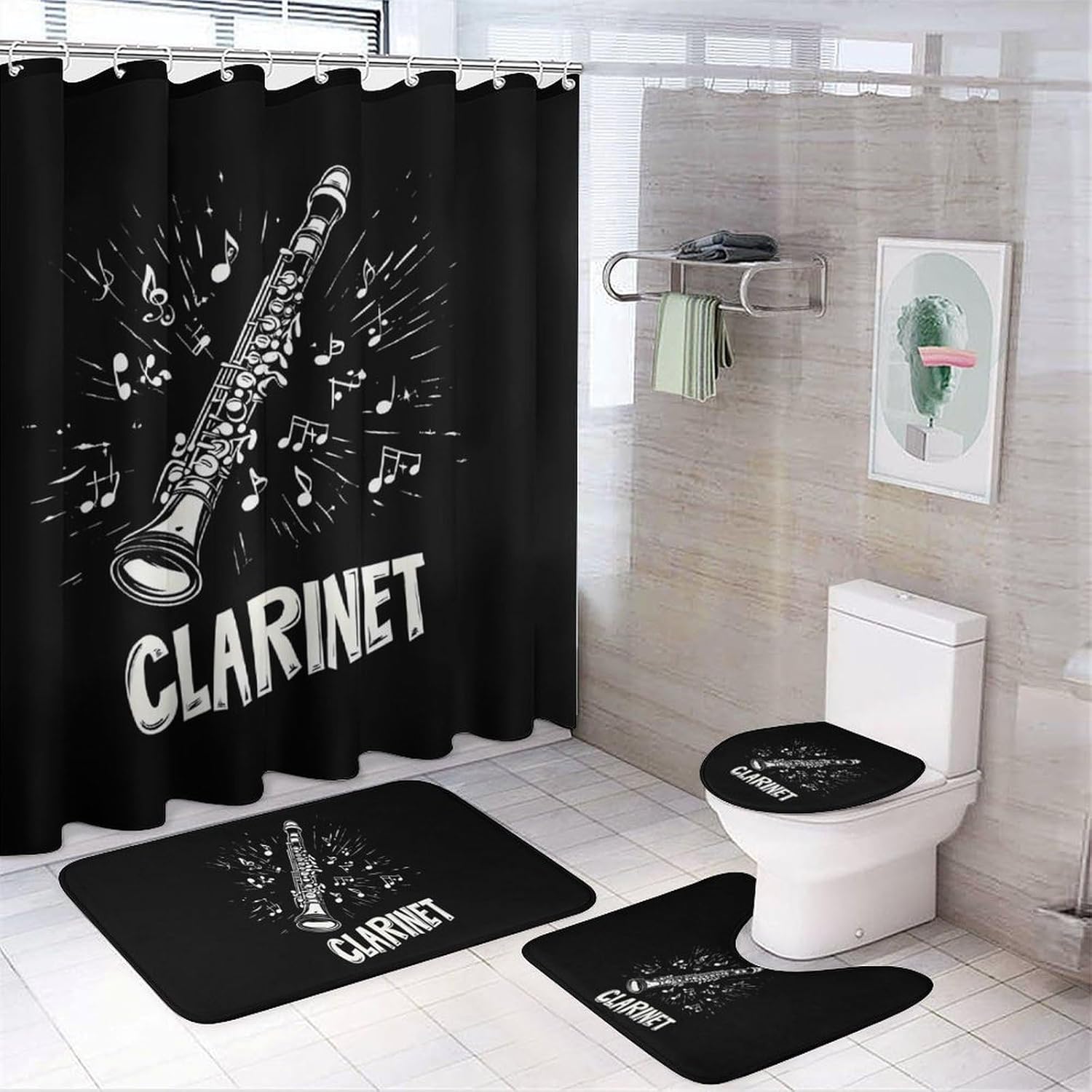 Clarinet Musical Notes Bathroom Sets with Shower Curtain and Rugs 4 Piece with U-Shaped Floor Mat Toilet Lid Cover