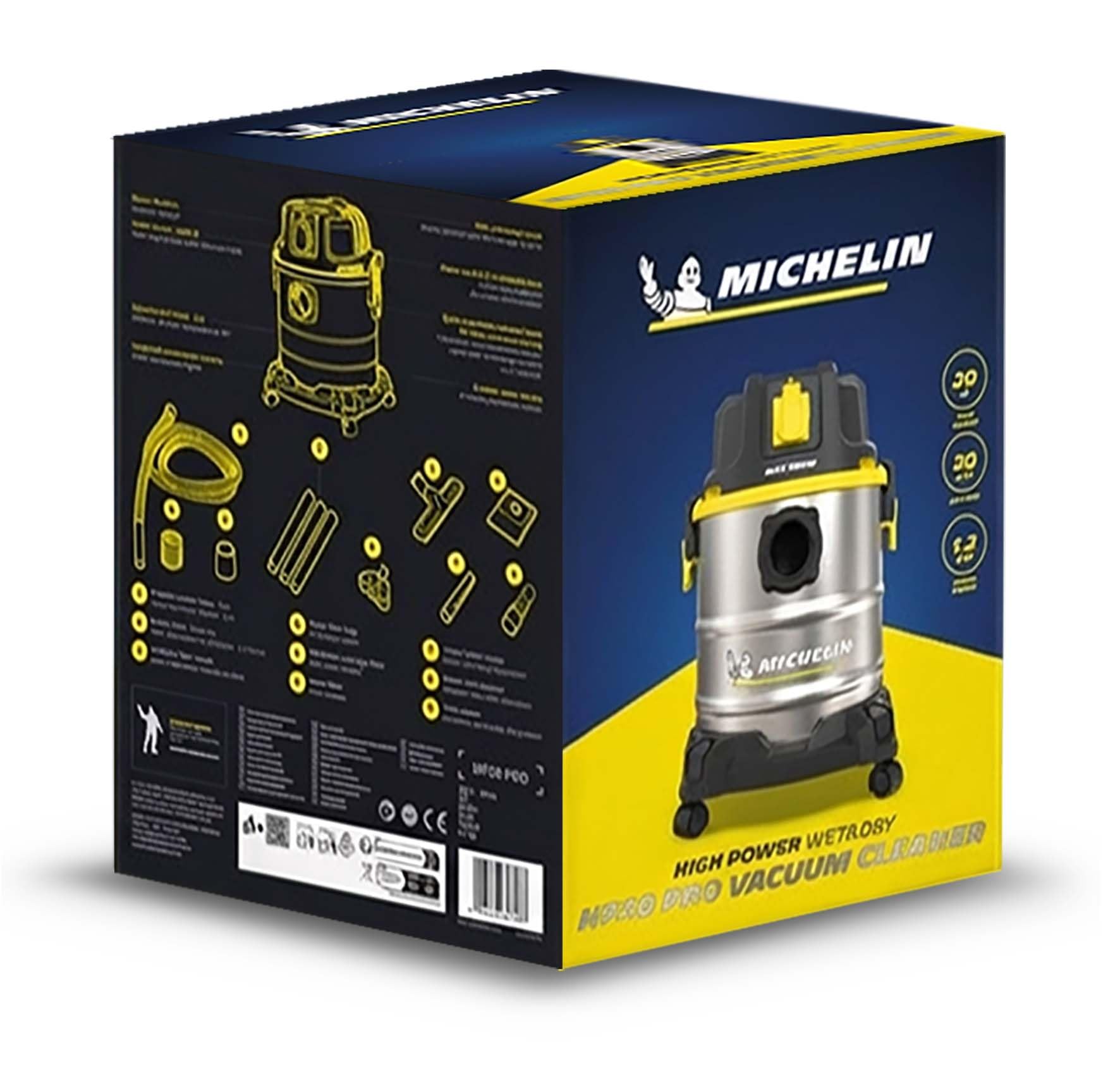 MICHELIN, Aspiratore Solidi e Liquidi, HP20 PRO, Serbatoio in Acciaio da 20 L, con Presa Elettroutensili, 1200 W, Completo di Accessori, Funzione di Soffiaggio, 20 kPa