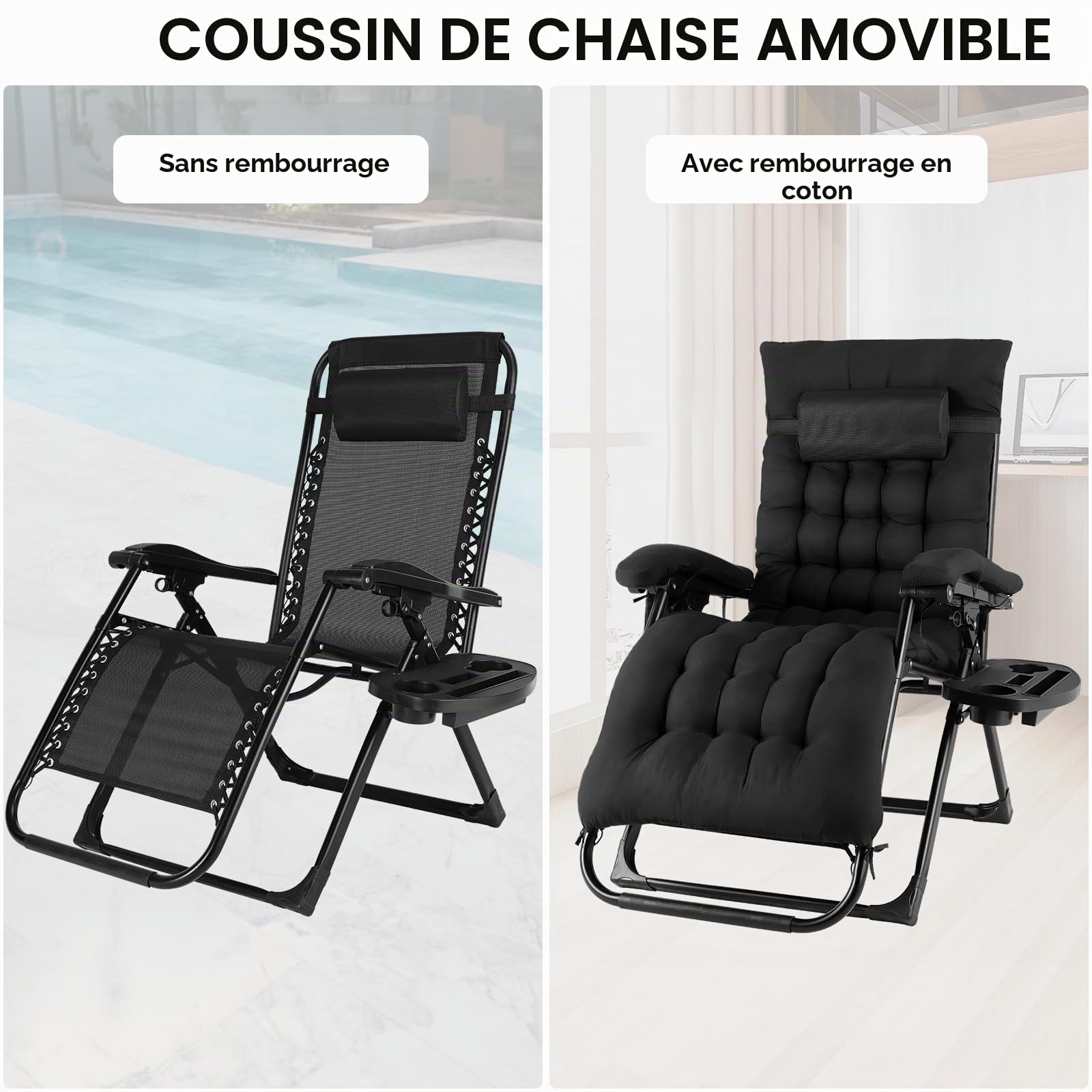 TLGREEN Lot de 2 transats Jardin extérieur Pliables, Bain de Soleil avec Coussin, Fauteuil élargie, Dossier réglable, Porte-gobelet, Charge Max 160 kg, pour Jardin,terrasse, Piscine (Noir)