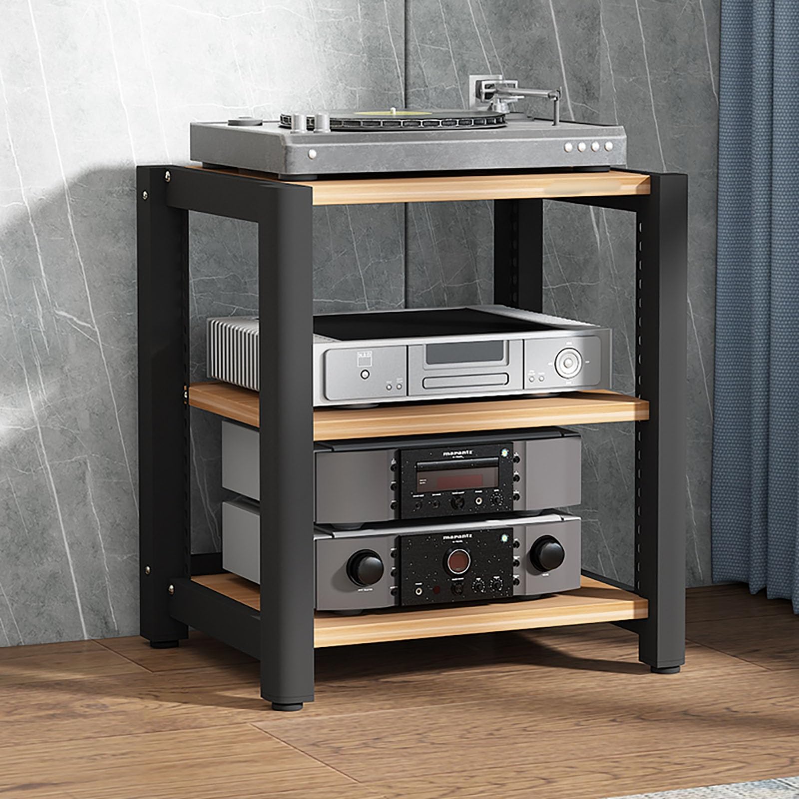 Scaffale da gioco per giradischi e apparecchiature AV, vetrina angolare con ripiani in legno per PS5, DVD, console di gioco e decoder via cavo (noce 60 x 50 x 64 cm)