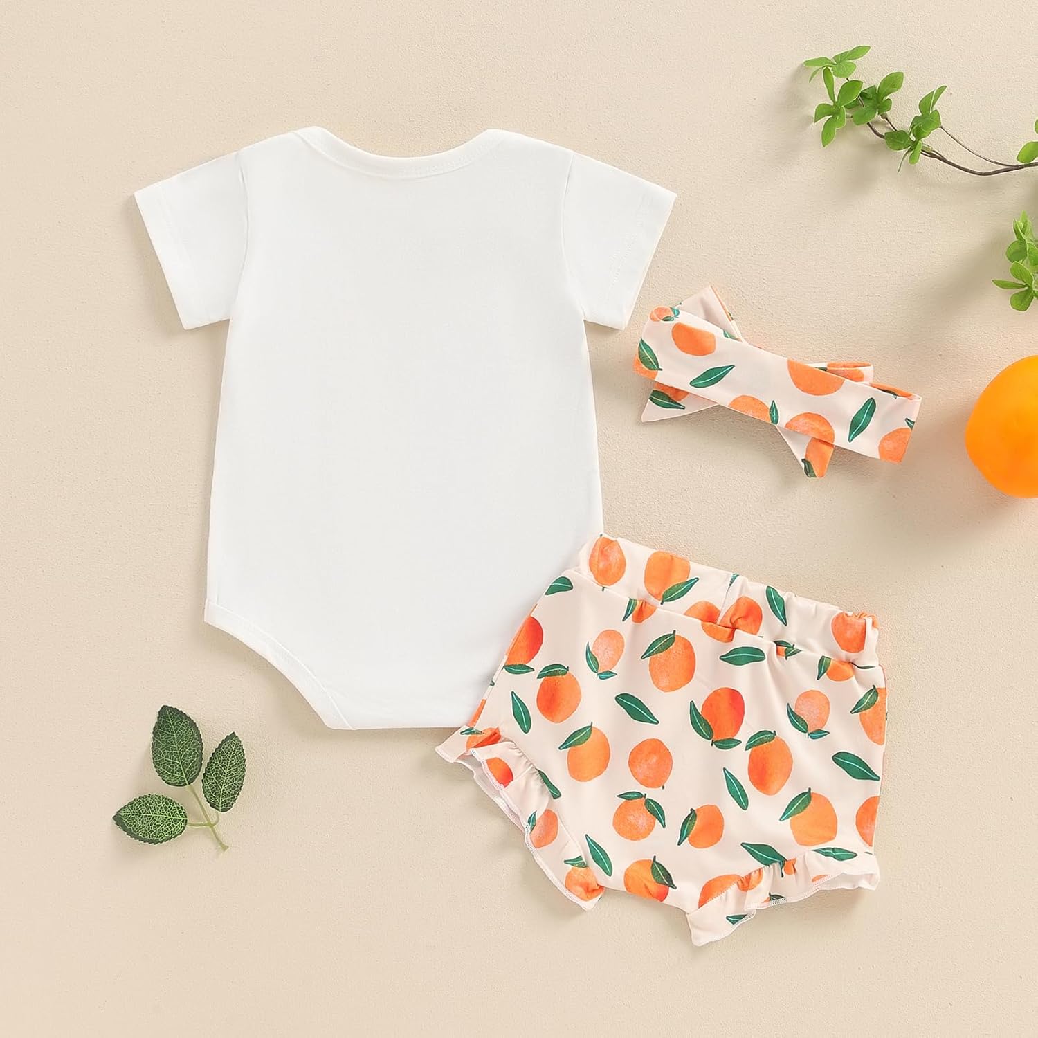 Newborn Baby Girl Shorts Set Little Cutie Outfits Strawberry/Orange Short Sleeve Romper Frill Trim Shorts Headband - Image 3