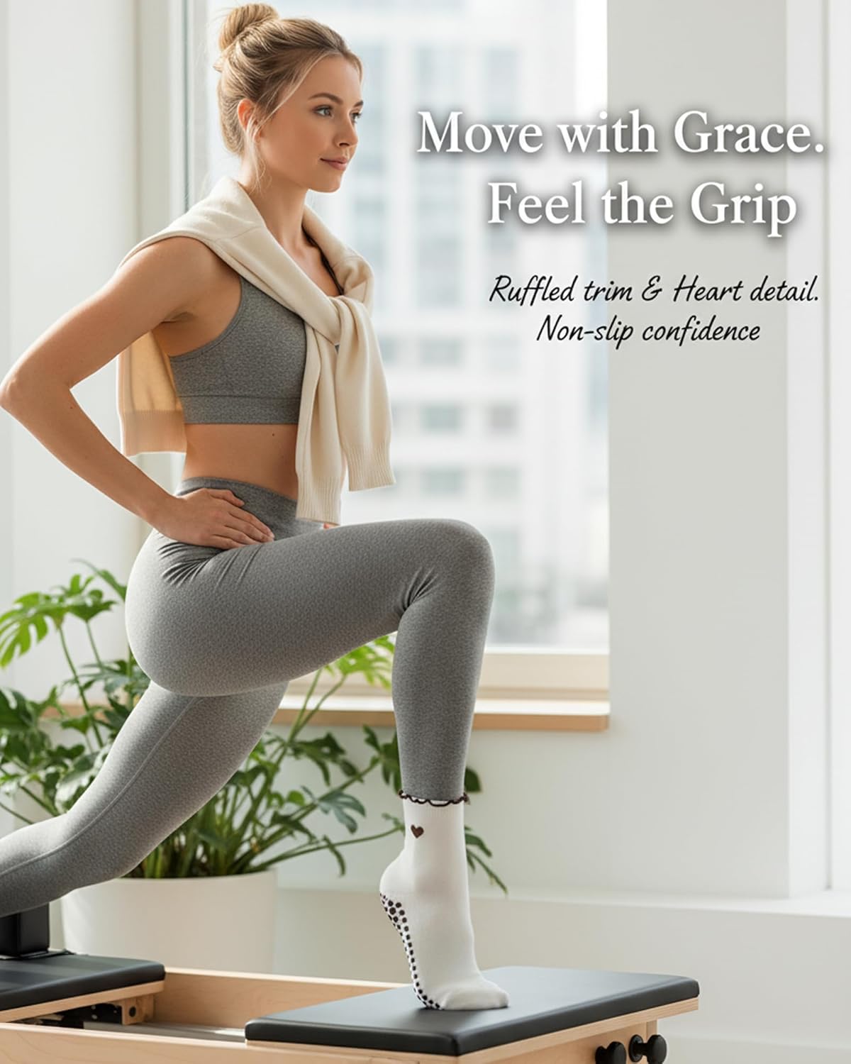 3 Pairs Pilates Socks with Grips Non-slip Ruffle Cute Heart Yoga Grip Sock for Women - Image 5