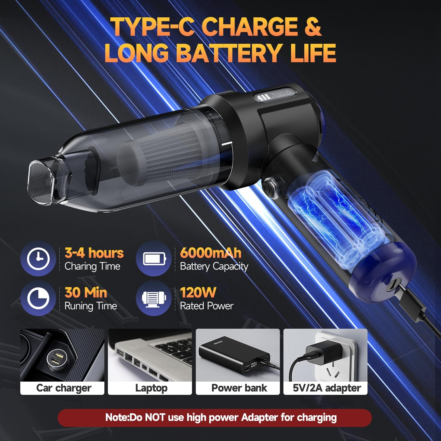 Car Vacuum Portable Cordless High Power Small Handheld Vacuum Cleaner 4-in-1 Compressed Air Duster & Air Blower & Pump Hand Held Mini Vacuum for Christmas Cars,Office,Home Cleaning - Image 5