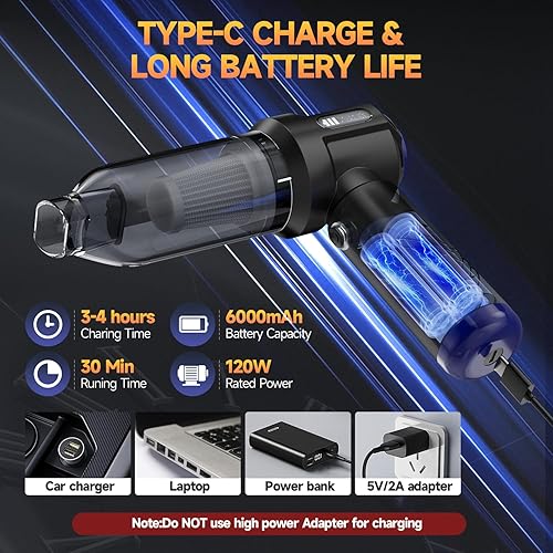 Miniatura 5 de Aspiradora de coche portátil inalámbrica de alta potencia, pequeña aspiradora 4 en 1, plumero de aire comprimido, soplador de aire y bomba de mano,