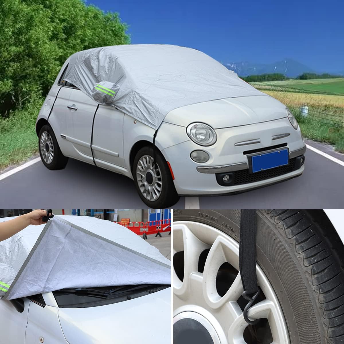for Fiat 500 2010-2015 Custom-Fit All Weather Waterproof Automobiles Indoor Outdoor Snow Rain Dust Hail Protection Full Auto Vehicle Can Long-Term Use Exterior Car Cover(Style C)