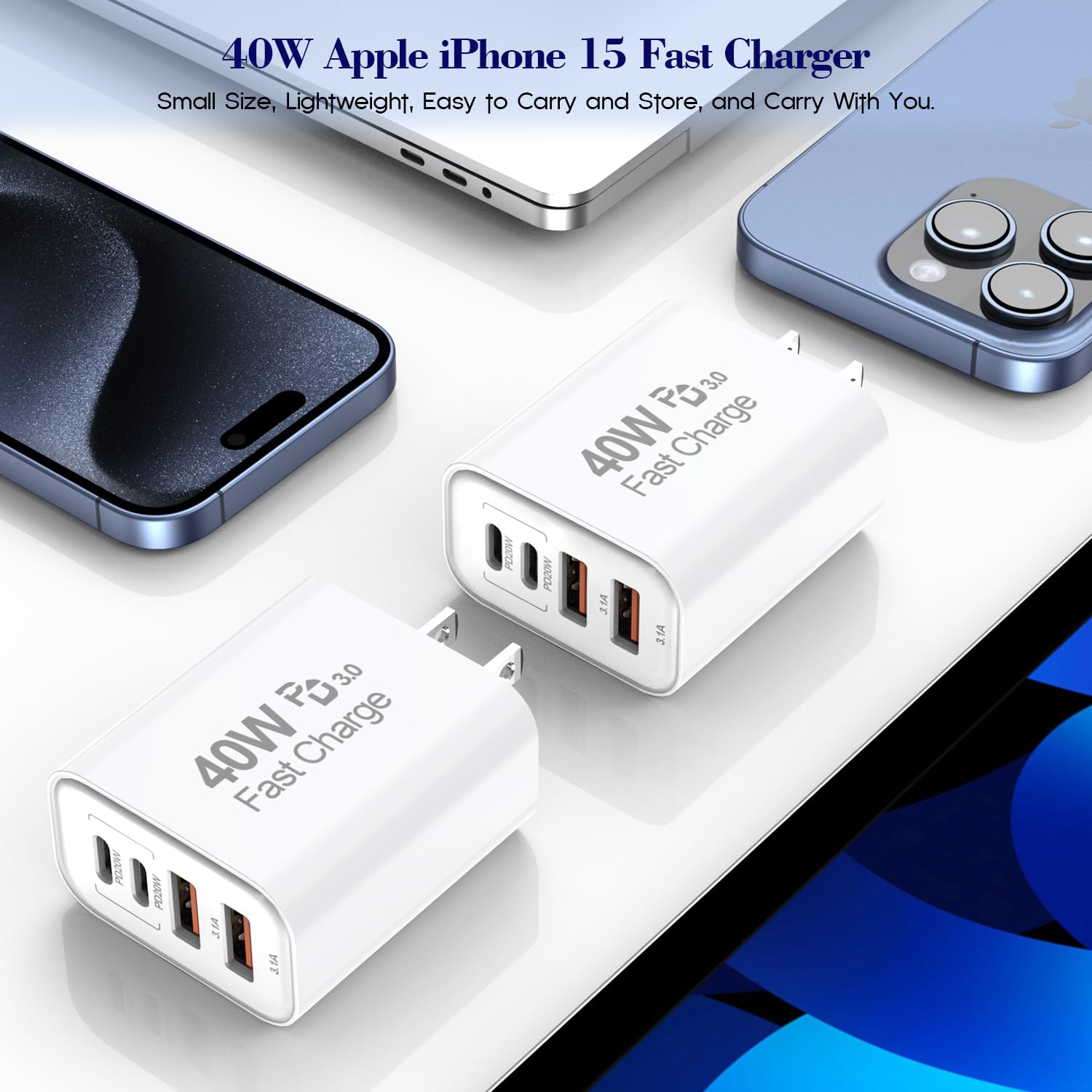 40W iPhone 16 15 Charger Block Fast Charging, 2-Pack USB C Wall Charger, 4-Port Fast USB Wall Adapter PD+QC Multiport Block Cube for iPhone 16/16 Pro/15/14/13/12/11/Pro Max/XS/XR, iPad 12.9 image 5 of 7 B0DFQ7QP7M