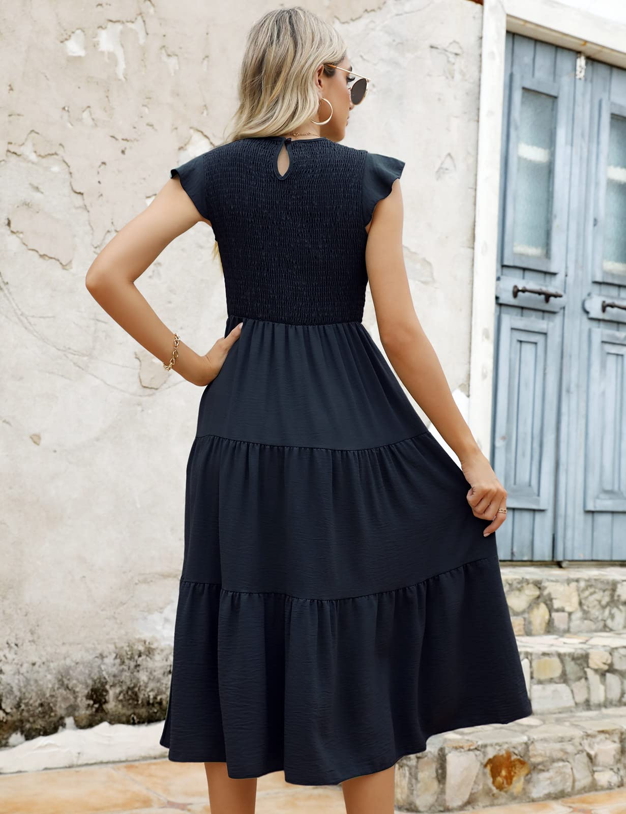 CMTOP Vestido Mujer Verano Largo Vestido Playa Manga Volante Cuello Redondo Sólido Elegante Vestidos Largos Cintura Elástica Casual Vestido en Capas Línea A