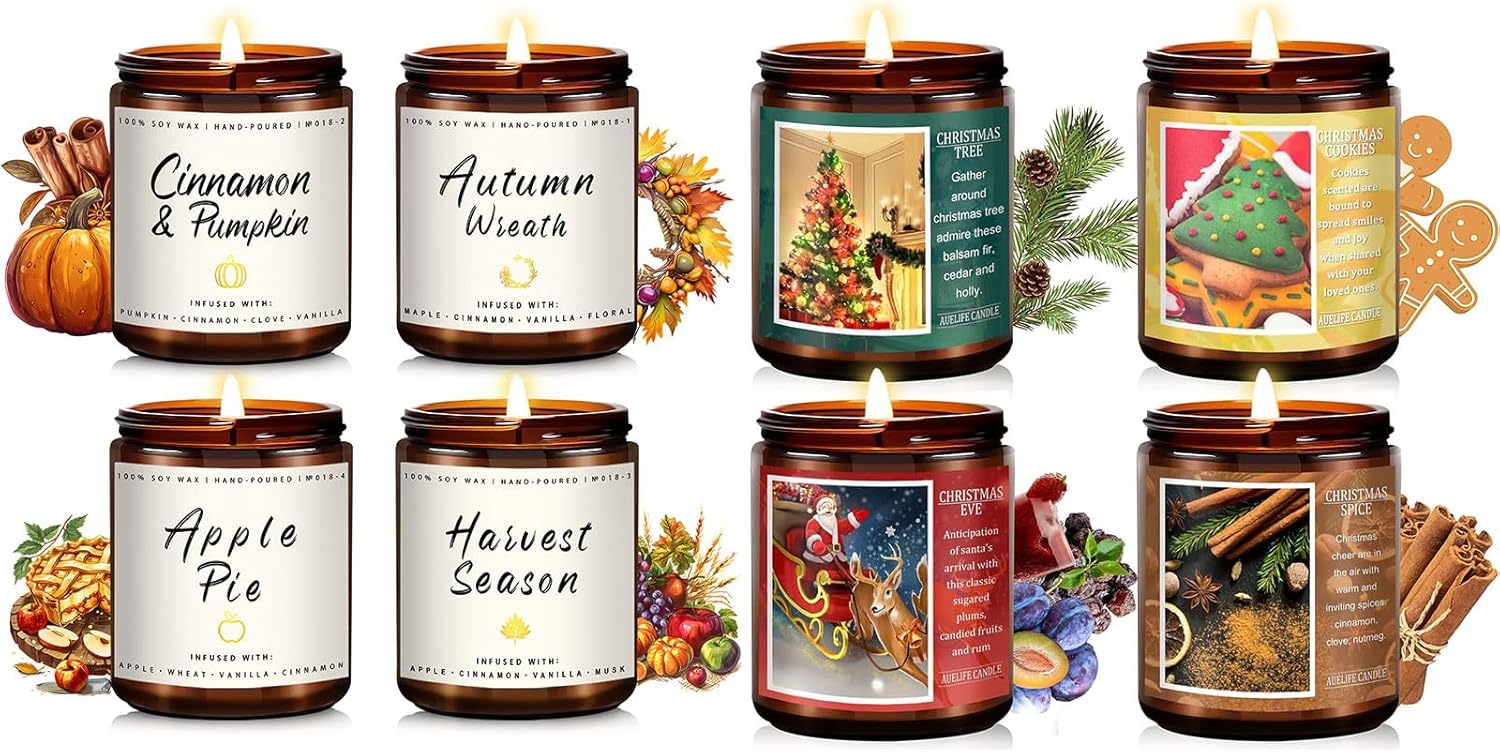 Fall Candle Set + Christmas Candle Set, 4Pack Scented Candle, Soy Candles, Fall Gifts, Holiday Candle Gifts,Christmas Gift for Women and Men