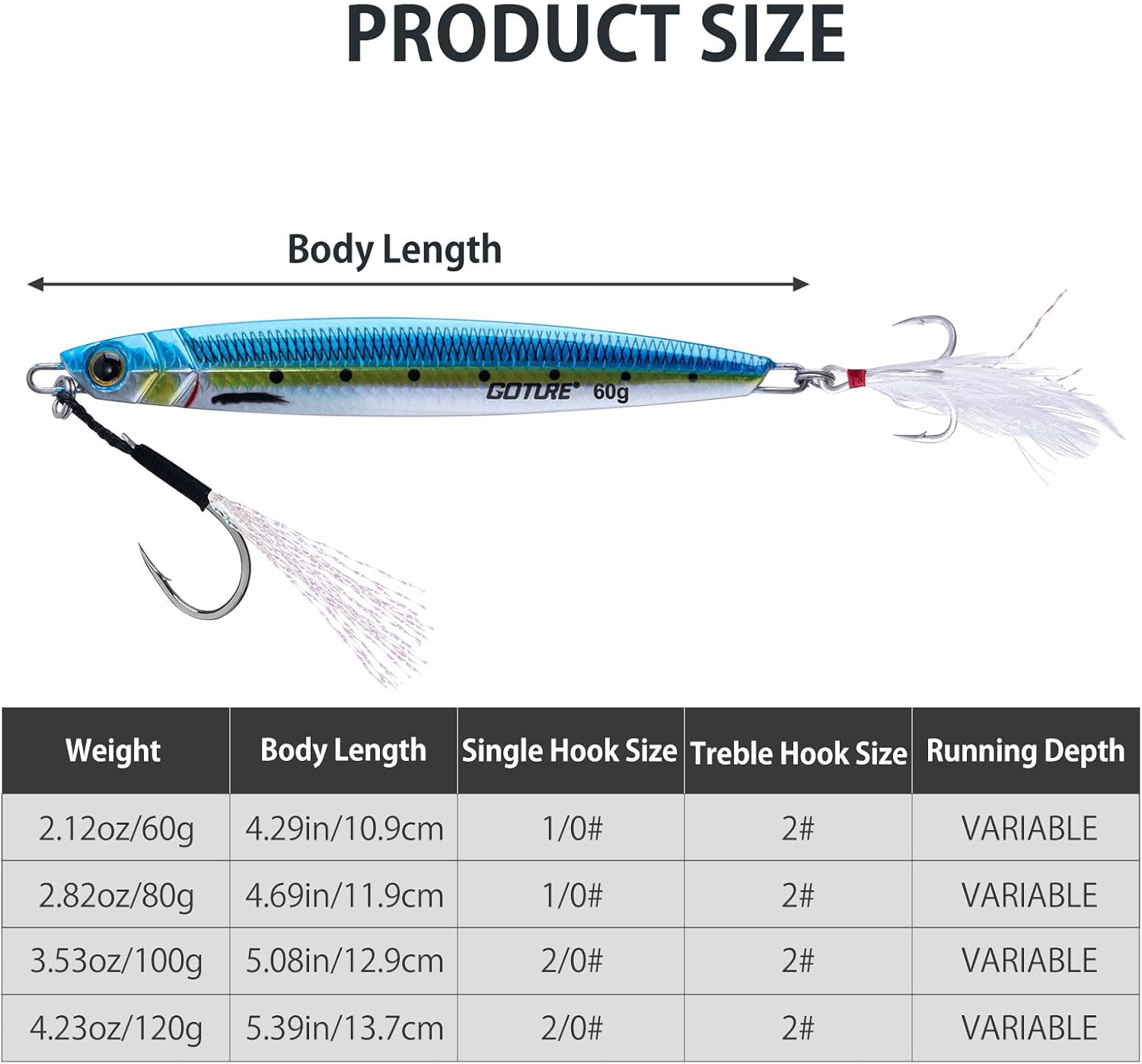 Goture Fishing Jigs,60g 80g 100g 120g Vertical Jig Saltwater, Jig Fishing Lures with Assist Hook and Treble Hook,Deep Sea Jigging Spoon Lures,Speed Fast Fall Jigs for Tuna,Salmon,Bass,Kingfish