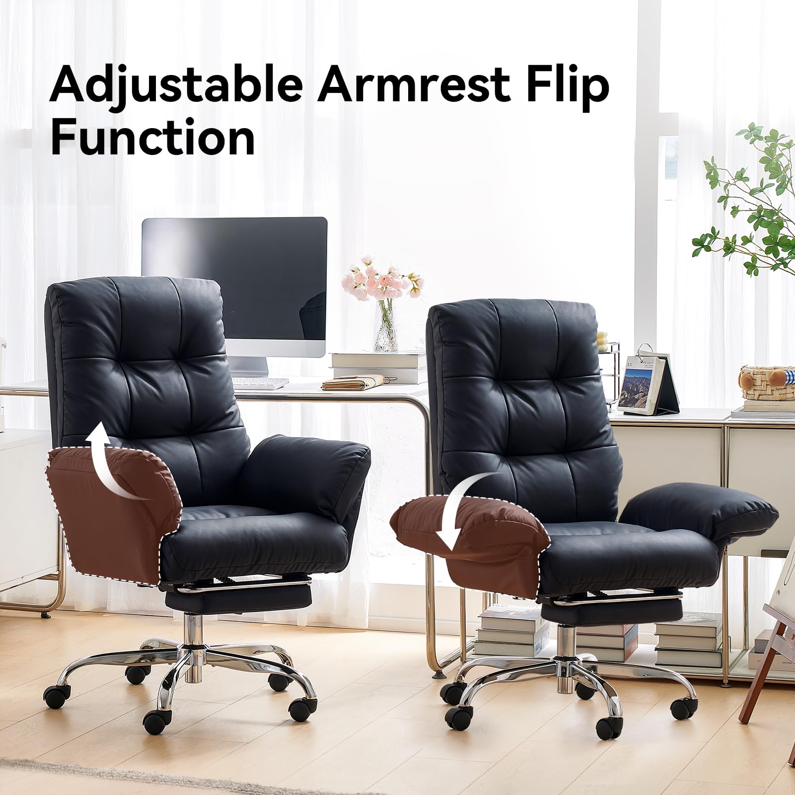 EMIAH Sedia da Ufficio con braccioli ribaltabili, Criss Cross Poltrona Reclinabile da Scrivania in Pelle PU, Sedie Moderne per Vanità con Ruote, Ergonomica Sedia da Computer con Poggiapiedi, Nero