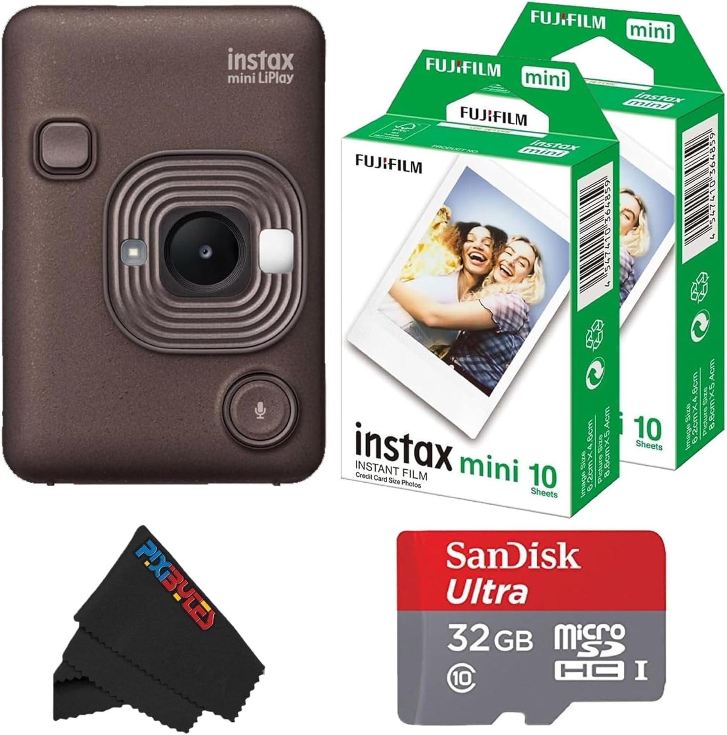 Fujifilm Mini LiPlay Hybrid Instant Camera with Mini Film, 32GB microSD Card, Charging Cable, Hand Strap and Pixibytes Microfiber Cleaning Cloth... (Deep Bronze + 20 Sheets)