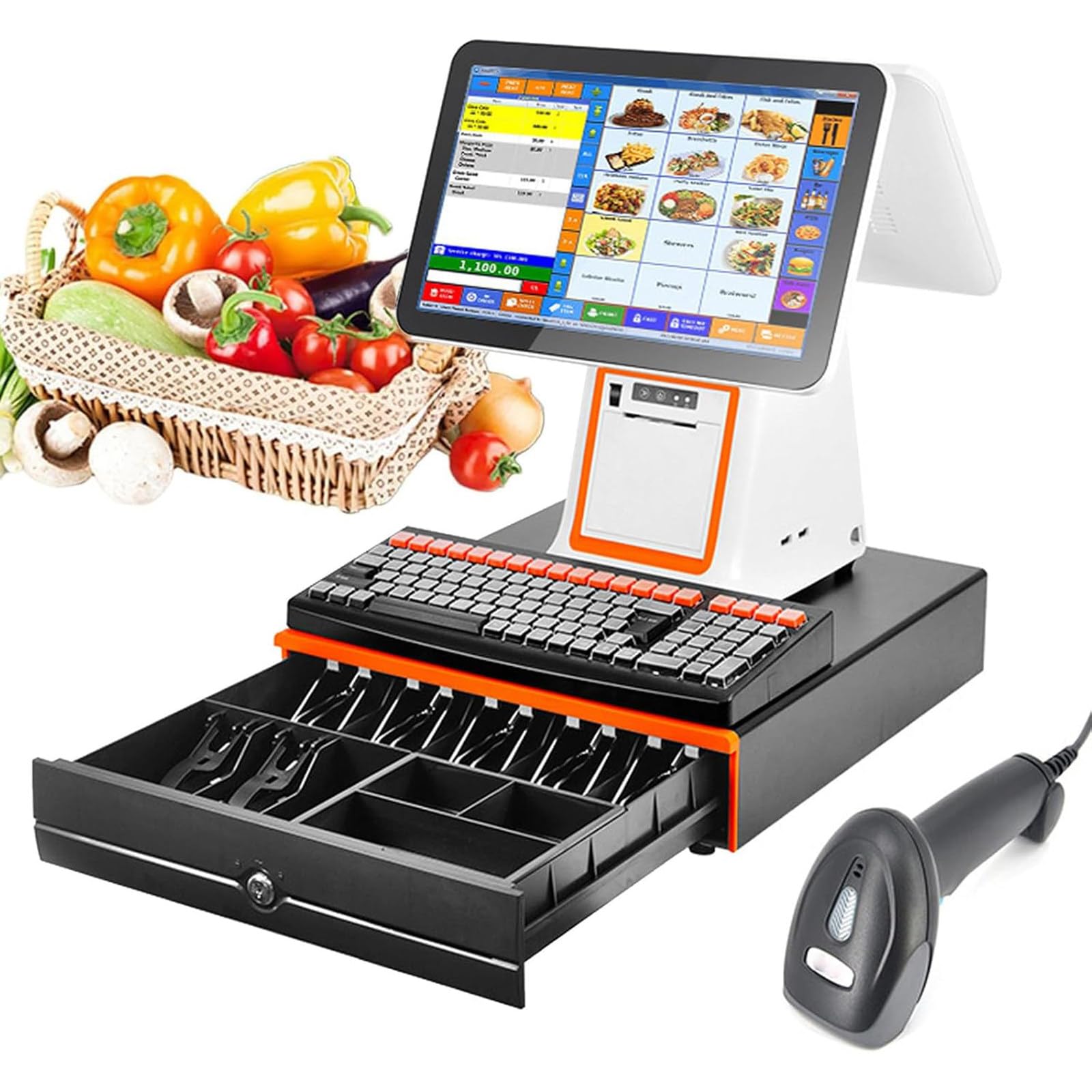 PtaTritious Smart Cash Register POS System with 15.6-Inch Touch Screen Dual Monitor, Barcode Scanner, Cash Management System for Retail Restaurant Supermarket White
