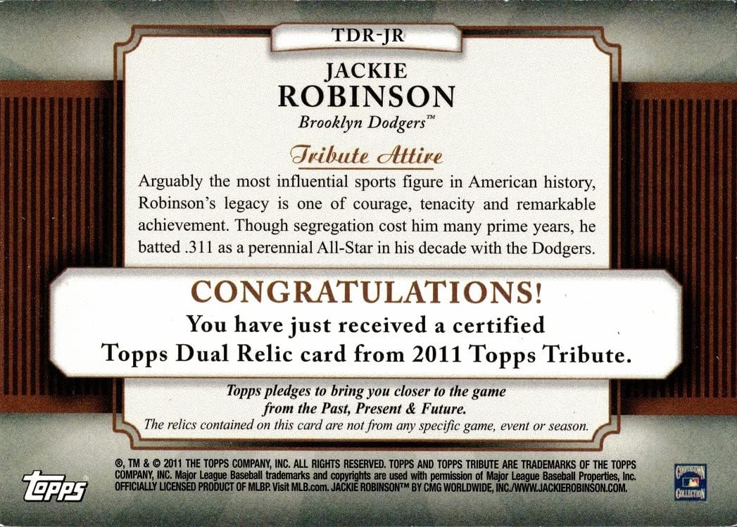 2011 Topps Tribute Relics #TDR-JR Jackie Robinson Game Worn Jersey Baseball Card - Only 99 made!