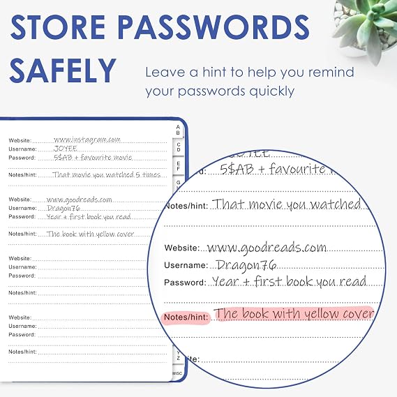 Elegant Password Book with Alphabetical Tabs - Hardcover Password Book for Internet Website Address Login - 7 x 10 Password Keeper and Organizer w/Notes Section & Back Pocket(Royal Blue)