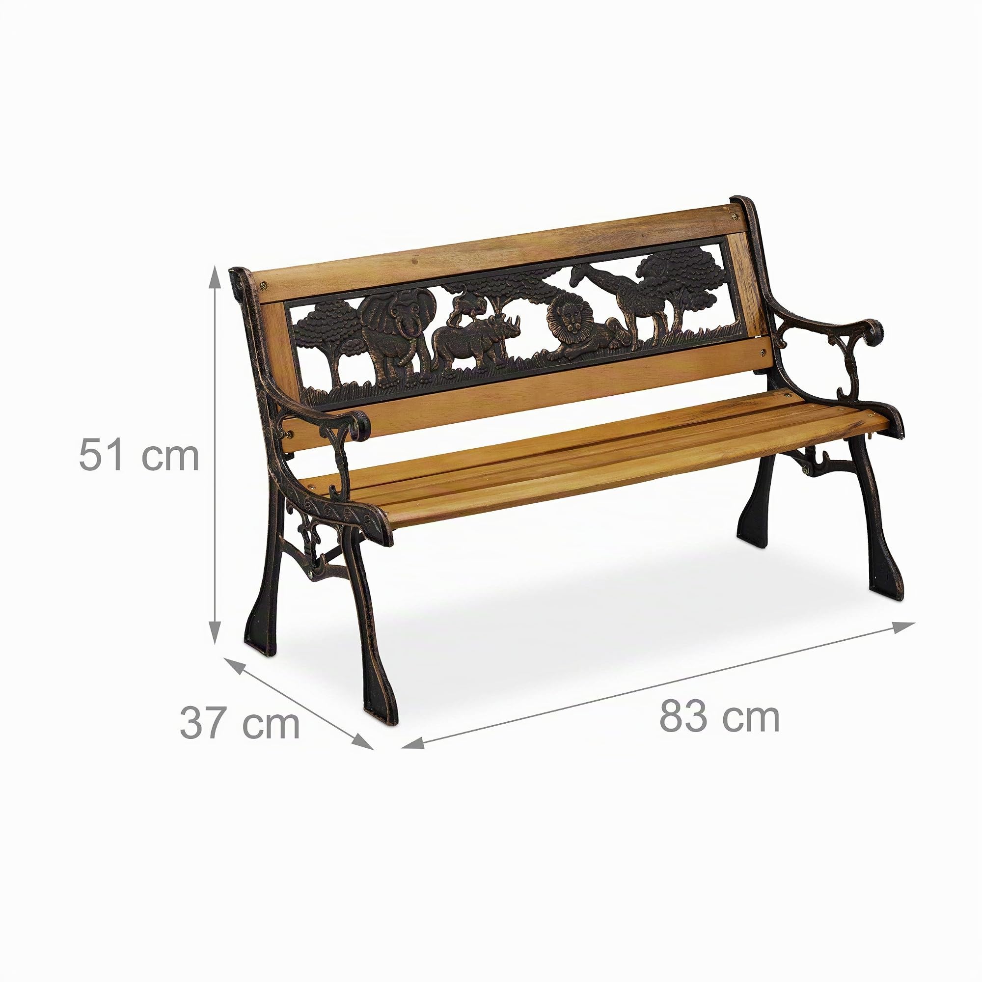 Relaxdays Banco Jardín Infantil, Diseño Animales África, Carga 50 kg, Madera y Hierro, 51 x 83 x 37 cm, Natural/Negro