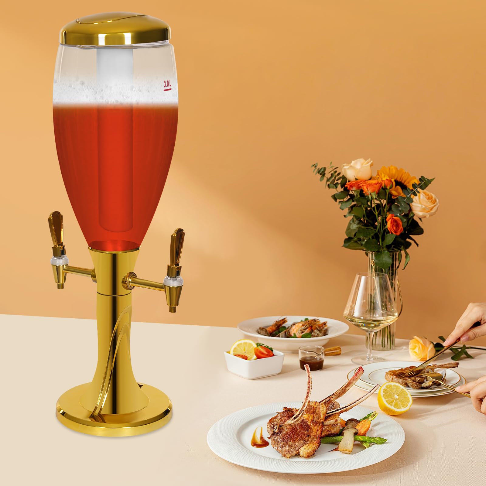 Columna de cerveza con 2 grifos, dispensador de bebidas de 3 L con refrigeración por hielo, columna de bebidas para fiestas, KTV, bar