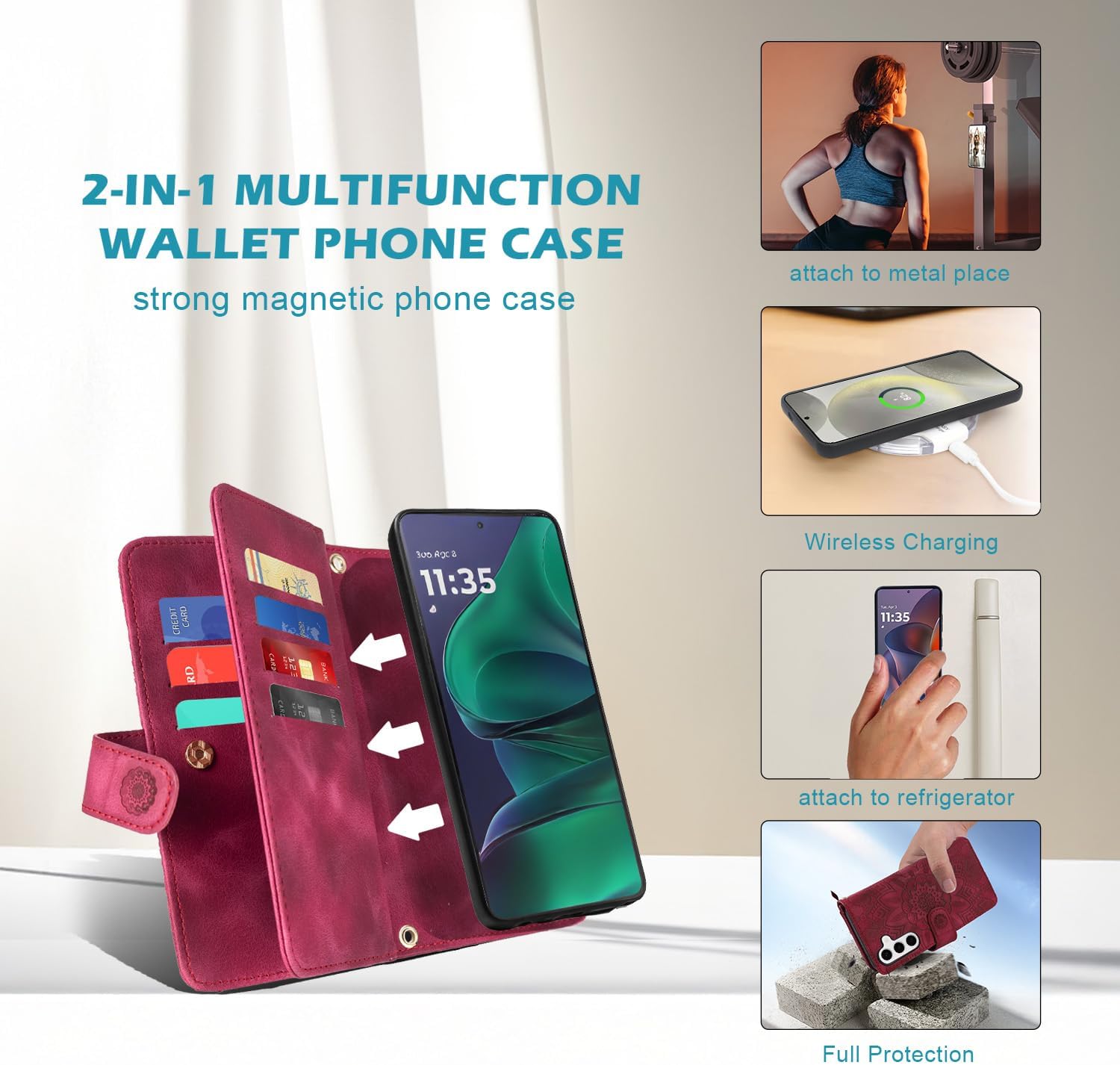 Harryshell Compatible with Samsung Galaxy S25+ Plus Wallet Detachable Magnetic Phone Case Wireless Charging [RFID Blocking] Card Slots, Cash Zipper Pocket Wrist Strap 6.7" (Floral Wine Red)