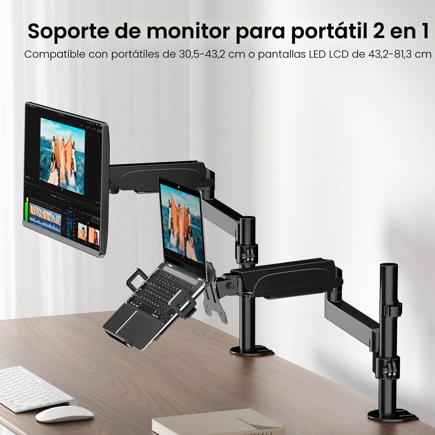 PUTORSEN Brazo para Monitor con Soporte para portátil para Pantallas LED LCD de 17 a 32 Pulgadas y portátiles de hasta 17 Pulgadas, Ajuste de Altura de 55,5 cm (Barra de 30,8 cm)