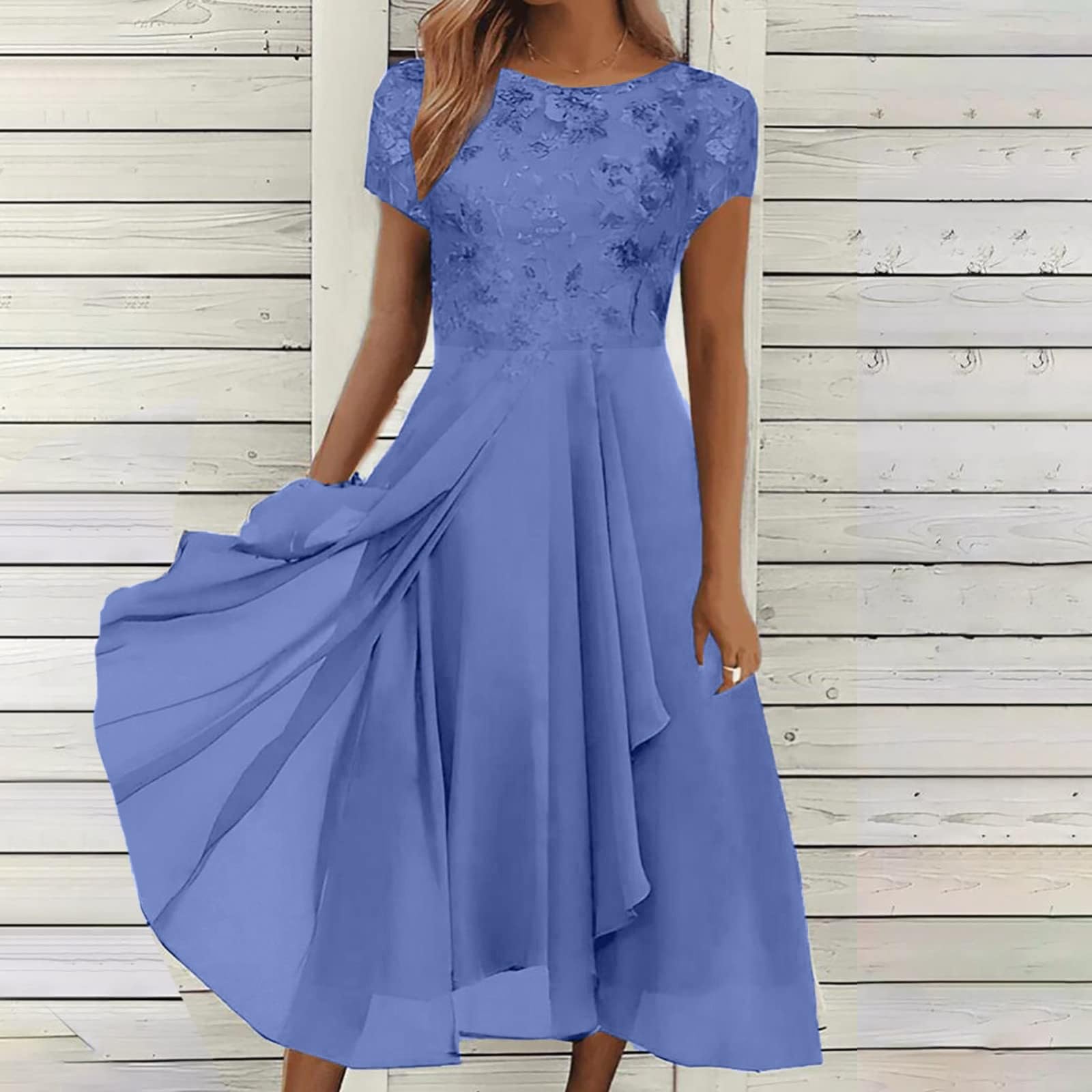 Kleid Hochzeitsgast Damen Midi Chiffon Abendkleider Elegant Für Hochzeit Gast Festliche Kleider Sommer A Linie Leicht Brautjungfernkleider Spitze Chiffonkleid mit Ärmel Abschlusskleid