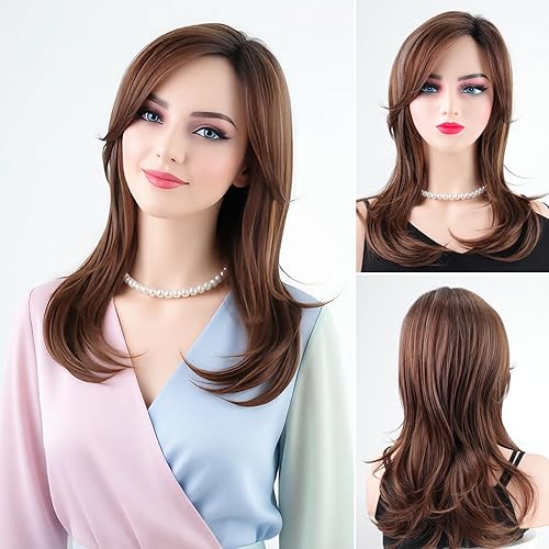 Miniatura 10 de RENERSHOW - Peluca de pixie corta con flequillo y reflejos castaños, peluca mixta en capas de color marrón y rubio para mujeres, de longitud hasta