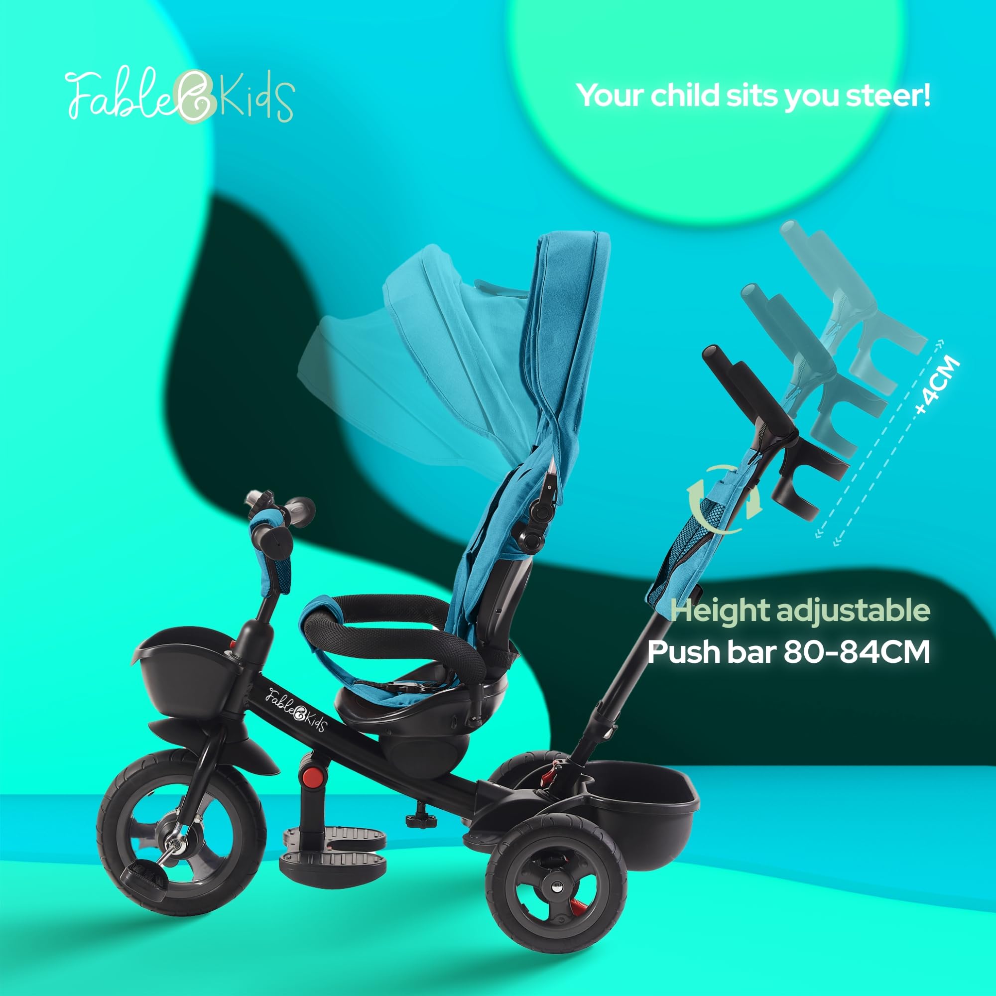 FableKids Noemi Rowerek trójkołowy 5w1 z drążkiem od 18 miesięcy do 25 kg | do przodu i do tyłu | opona PU | przestronny wolnobieg | kosz | torba | uchwyt na kubek | Turkusowy