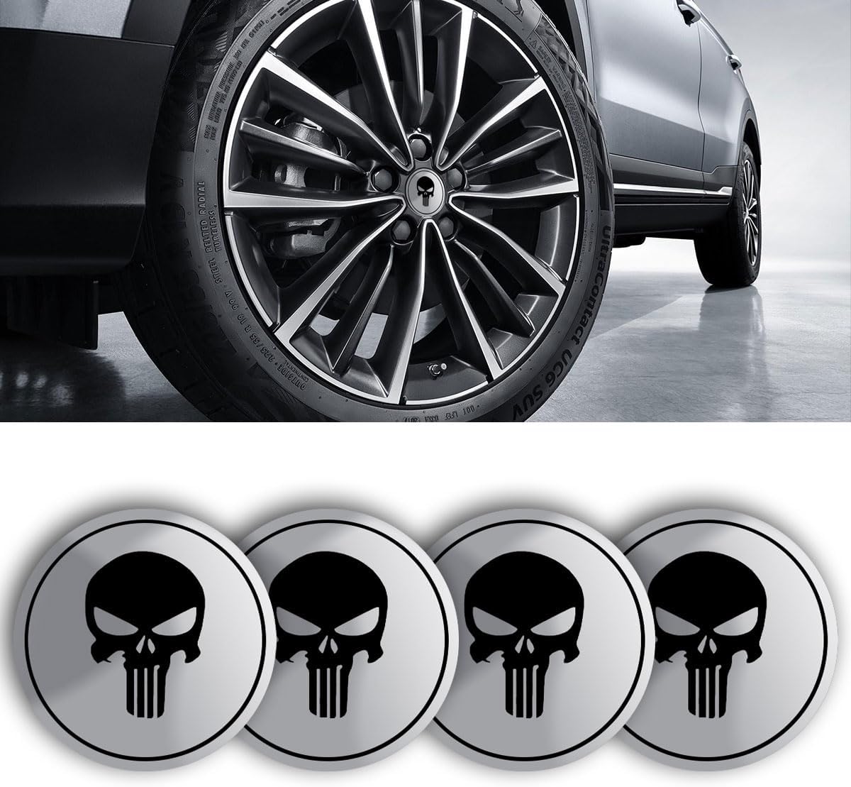 4PCS Skull Car Wheel Hub Center Cap Sticker, 2.2" Personalized Metal Wheel Emblem Sticker, Waterproof Automotive Hub Decorative Decal Cover, Car Exterior Accessories for Car Truck SUV (Black/Red)