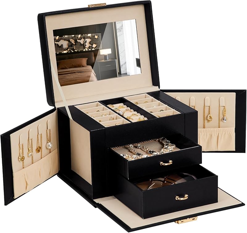 Homde Lockable Jewelry Box for Girl: 3-Layer Safe Organizer with Key | Single Closure Keeps Rings&Earrings&Necklaces Away from Pets&Kids - Vanity Dressing - Teens Starting First Collections
