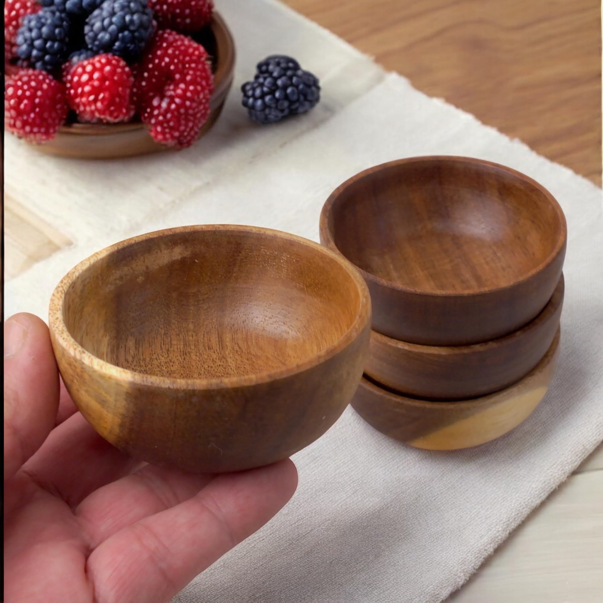 Deconox 4'lü Yuvarlak Akasya Çerezlik, Sunum Kasesi, Zeytinlik, Kahvaltı Sunumluk 8 cm - 4 cm