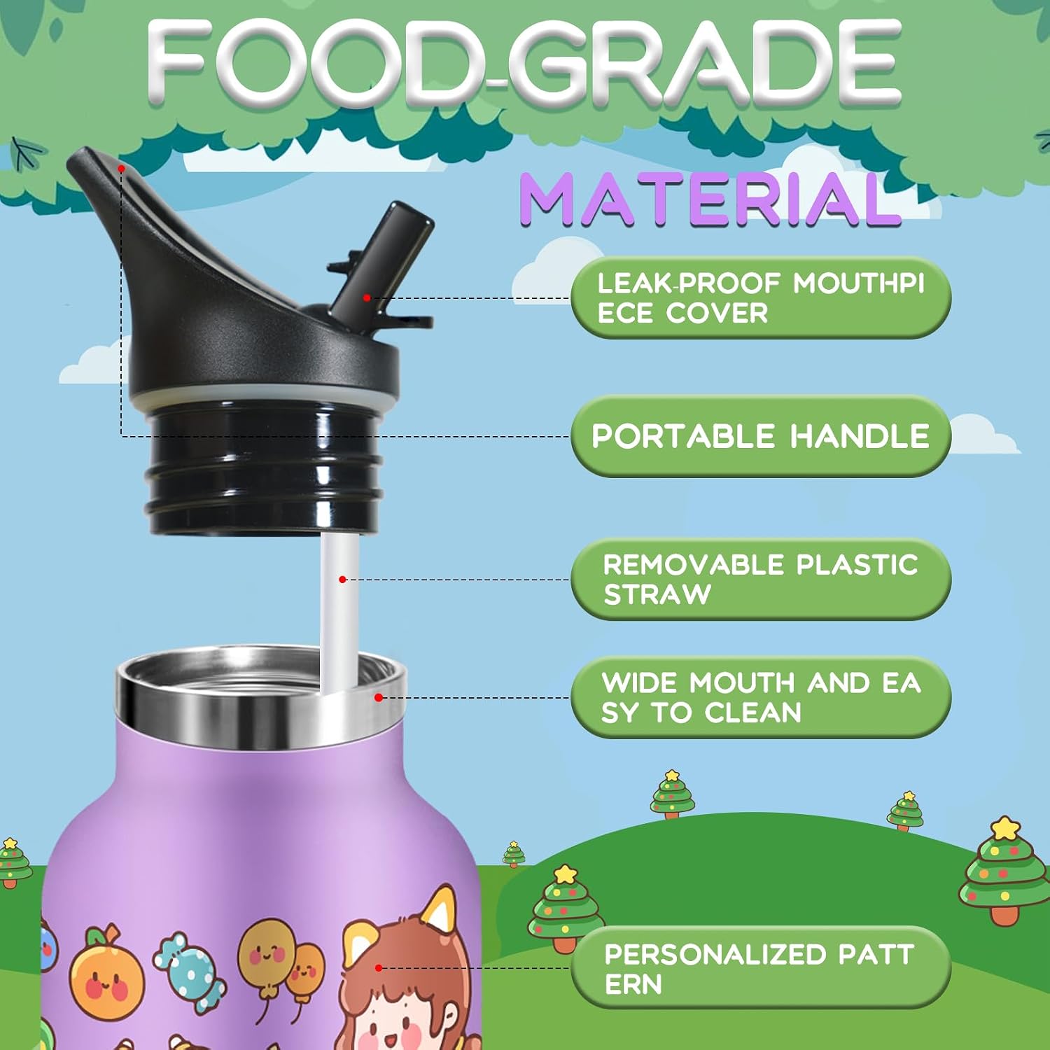 Grsta Children's Drinking Bottle, 350 ml Stainless Steel Drinking Bottle, Leak-Proof with Straw, Drinking Bottle Suitable for Children, Carbonated Drinks, BPA-Free, for School/Office/Cafe, Purple