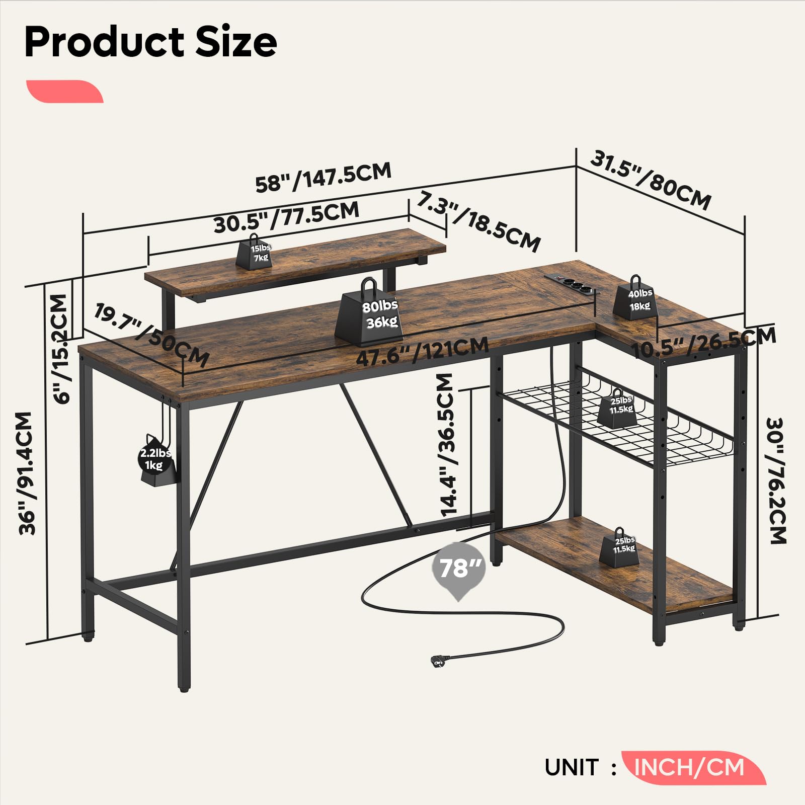 Bestier 147cm Scrivania a forma di L con prese di corrente, scrivania ad angolo per l'ufficio con ripiani reversibili e luci LED - Scrivania da studio moderna e semplice per piccoli spazi, marrone