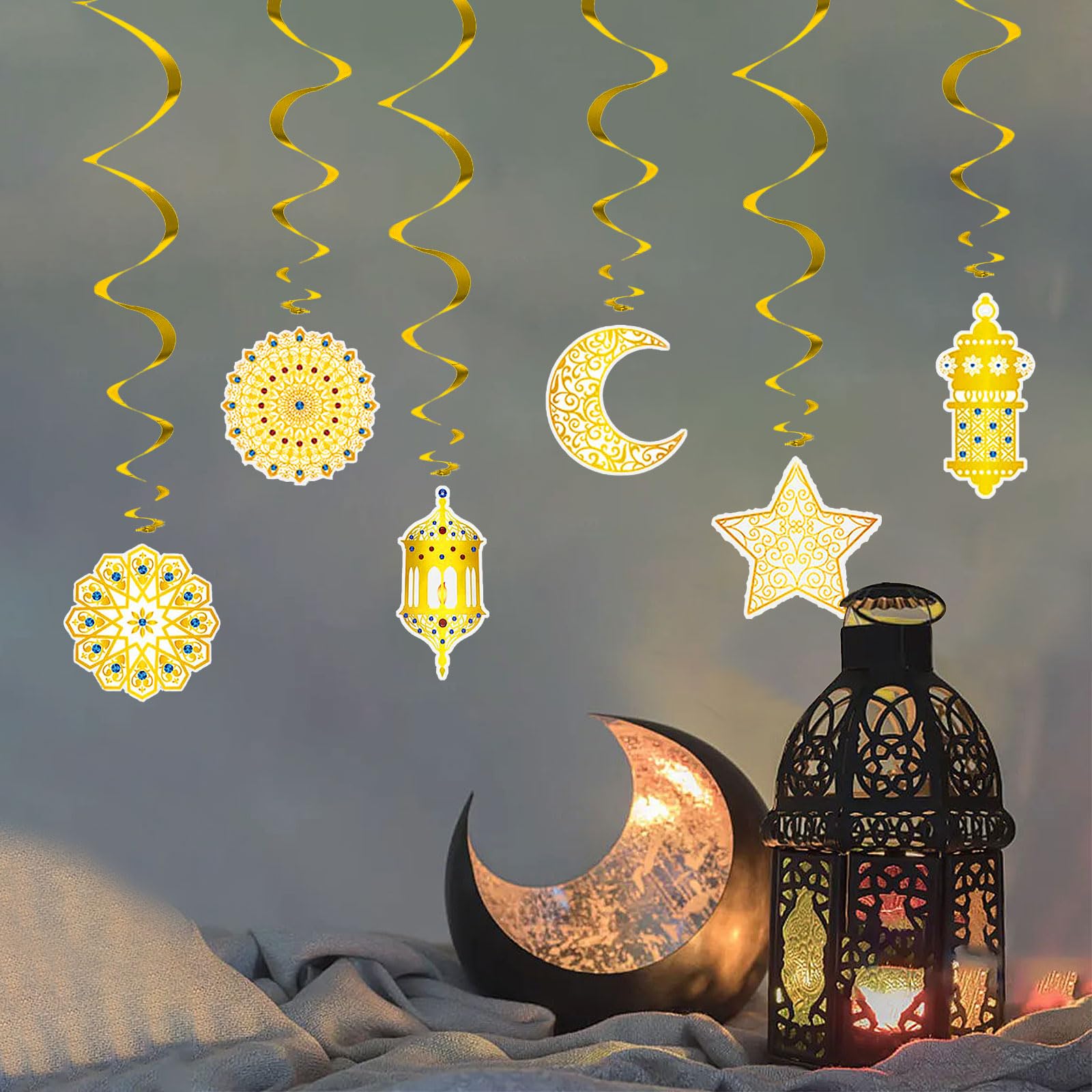 Eid Mubarak Decorations- 12Pcs Eid Decorations for Home, Eid Mubarak Banner Gold Hanging Swirl Star Moon Castle Crescent Streamer for Islam Festival Party Supplies, Ramadan Kareem Decor