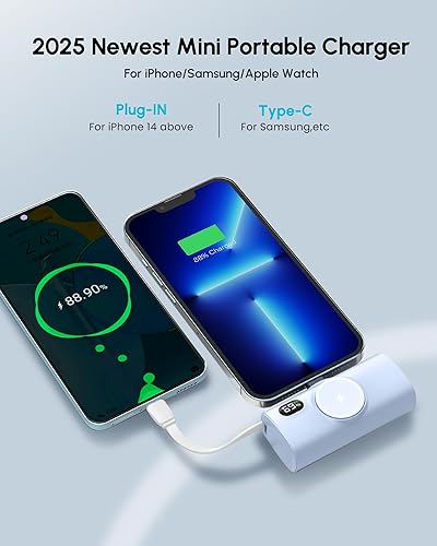 Miniatura 6 de Pequeño cargador portátil azul para iPhone Power Bank con cable USB tipo C 5000mAh 15W carga rápida mini batería externa para iPhone 1413121615 Pro