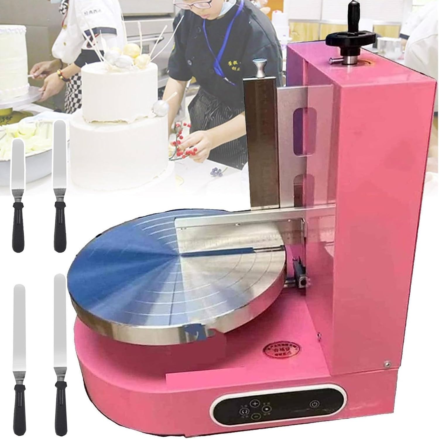 Electric Cake Cream Spreader For 4-12 Inch Cakes | Automatic Birthday Cake Coating Machine | Smooth Cake Icing Tool W/ 4*Flattening Tools For Kitchens, Cake Shops, Dessert Shops,Pink