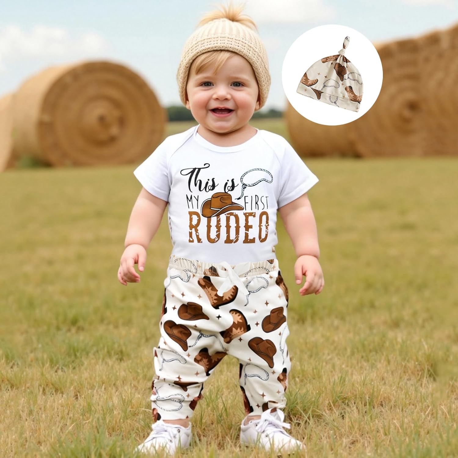 My First Rodeo Outfit Western Baby Boy 1st Birthday Clothes Short Sleeve Romper Pants Hat Set Newborn Cowboy Outfits - Image 4