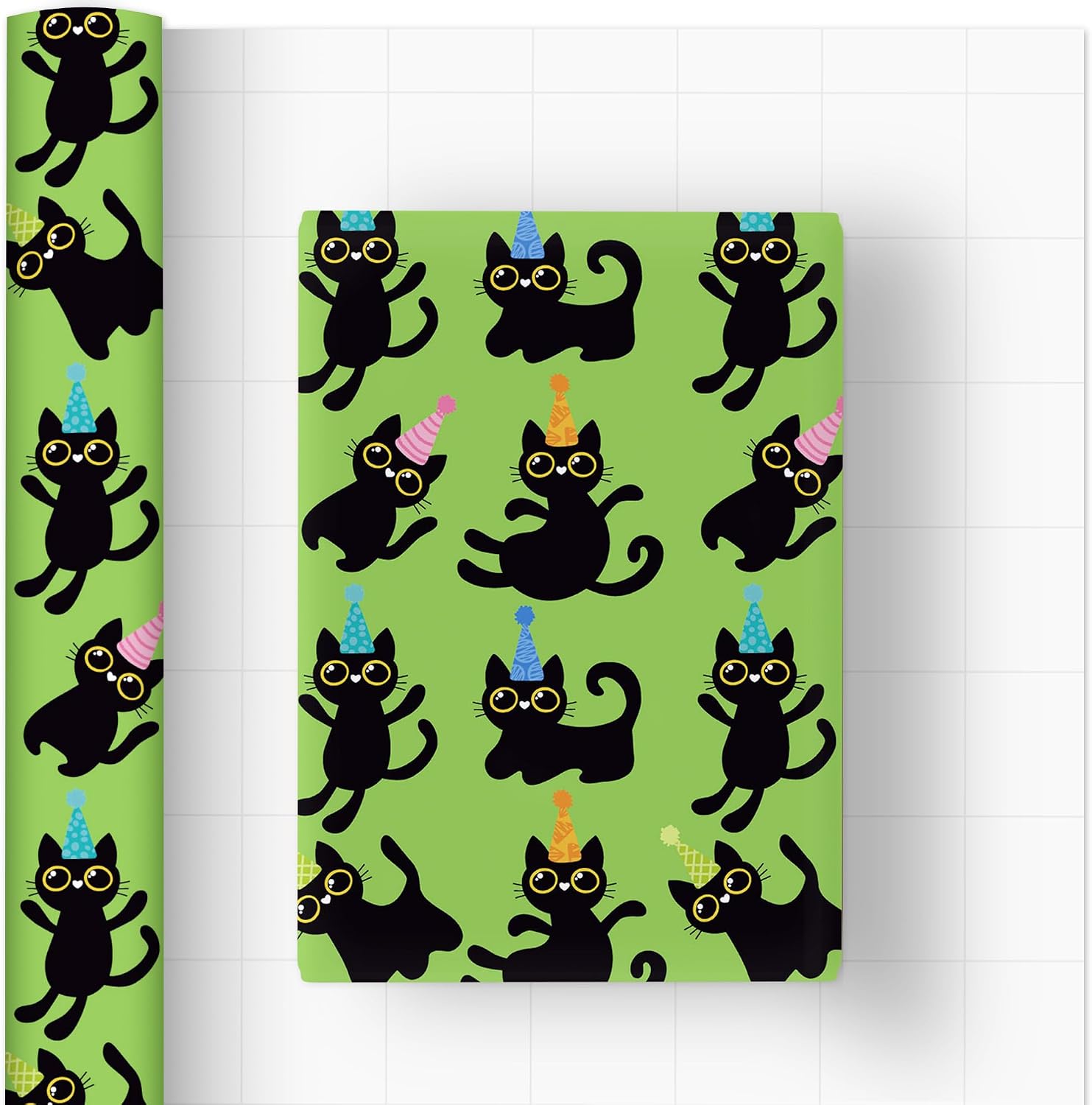 ZDSPIDE Birthday Cat Wrapping Paper Roll – 17 Inch x 16.4 Feet, Adorable Black Kitten with Party Hat, Green Gift Wrap for Kids, Girls & Cat Lovers, Birthday Calebration, Baby Shower