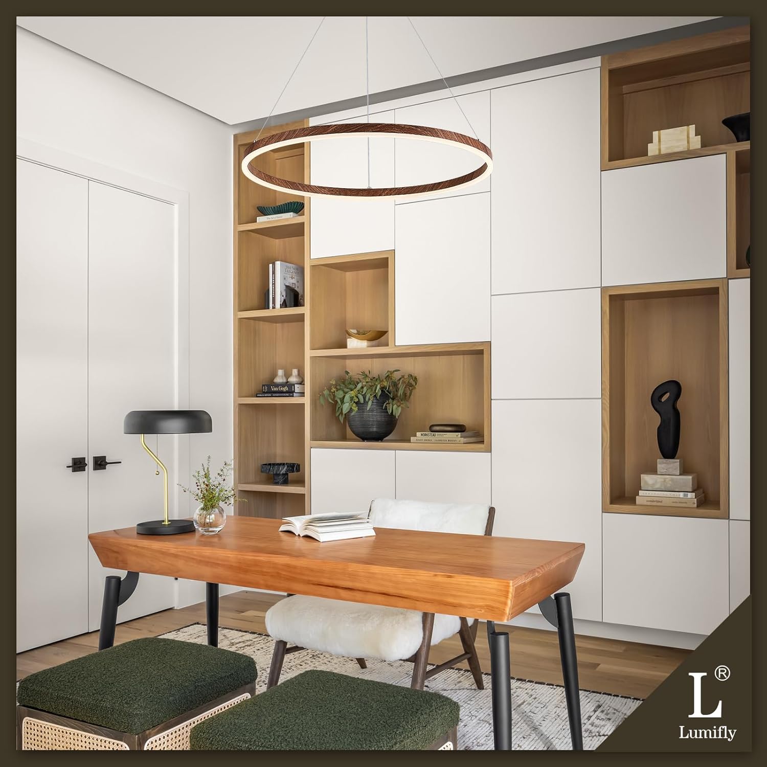 LED Ring Chandelier 24 Inches Round Chandelier Wood Grain Finish Dimmable LED Pendant Light Dining Room Light Fixture Circular Hanging Light for Entryway Foyer Office