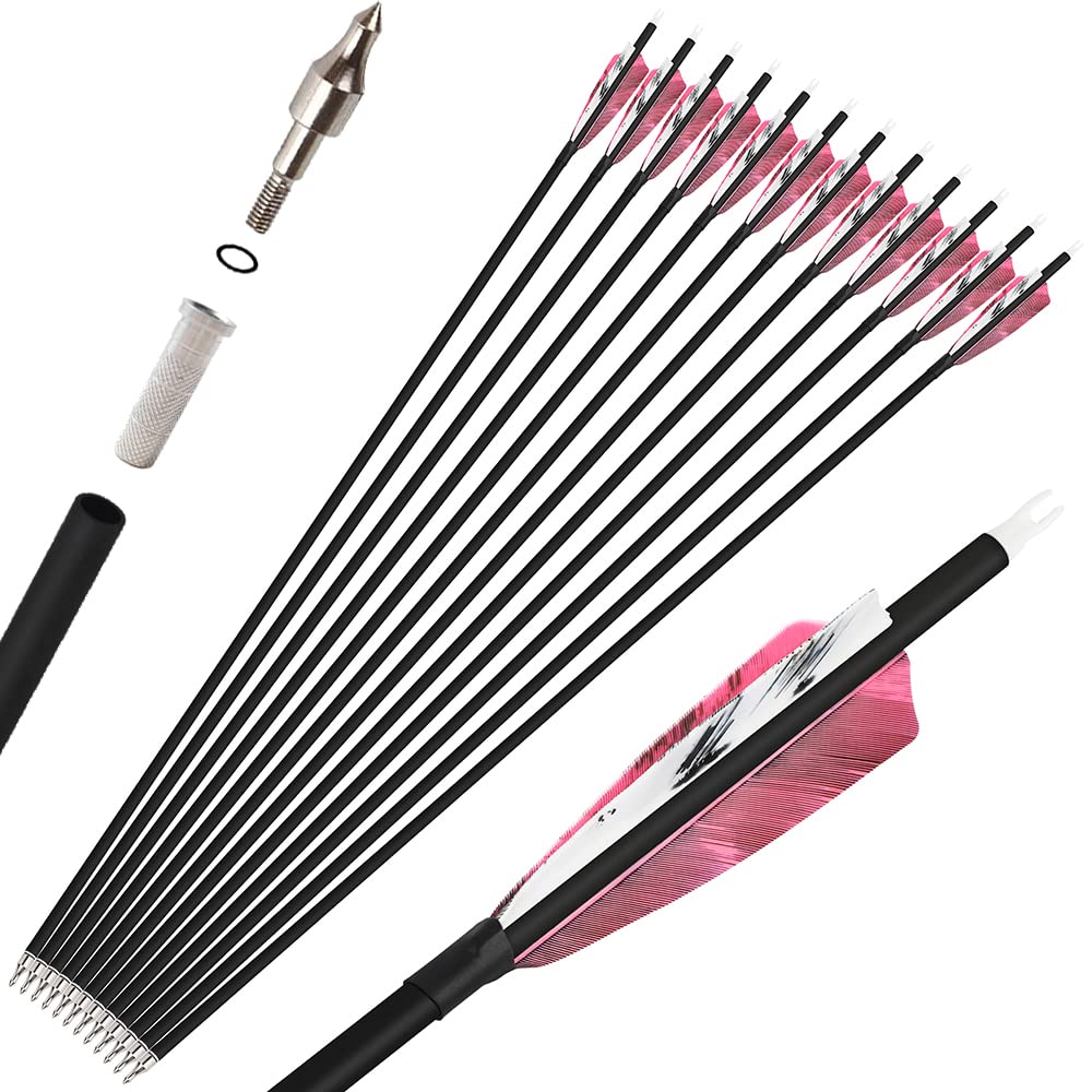 wolfman 12X Archery Carbon Arrows Spine 500 Archery Target Arrows Compound Arrow Recurve Arrow Hunting Arrow with 4" Nature Feather Arrows for Recurve Bow Compound Bow (30 Inch, 2 light pink 1 white)