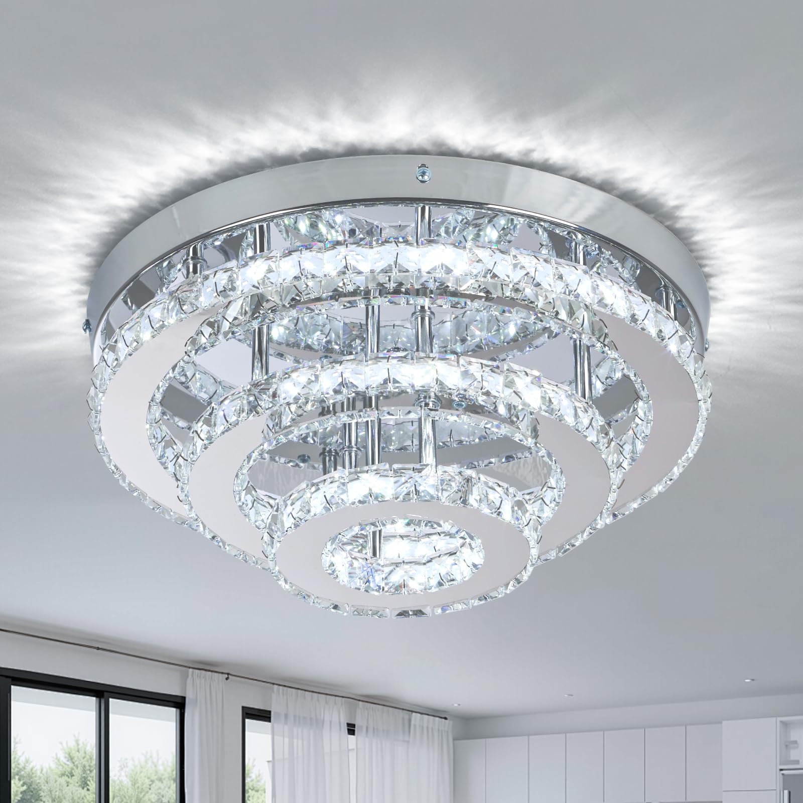 Cainjiazh 14" Crystal LED Chandelier Modern Crystal Ceiling Light Flush Mount Chandelier K9 Crystal Chandeliers for Living Room Dining Room Bedroom Hallway 3-Tier Round Cool White 6500K โ image 1