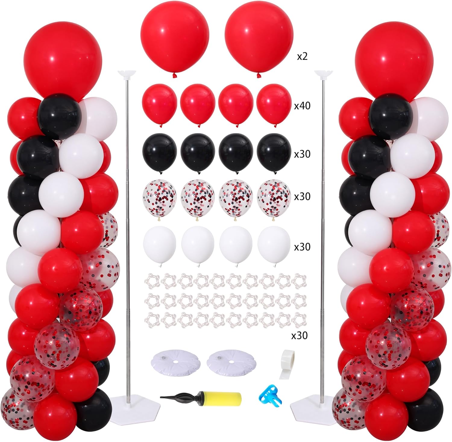Red and Black White Balloon Column Stand Kit Set of 2 with 130PCS Red and White Black Balloon Arch Kit Balloon Towers for Valentine's Day Graduation Casino Night Cars Birthday Party Decorations