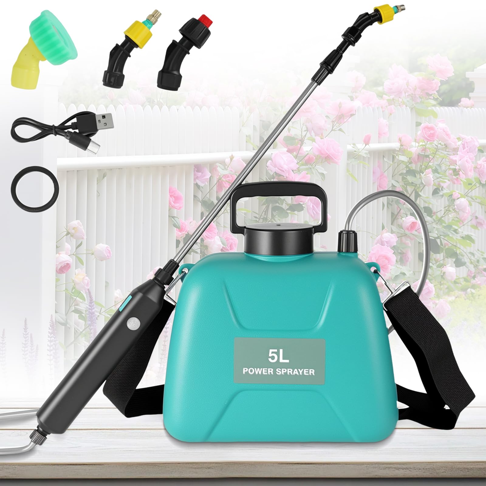 Pulverisateur Electrique 5L,pulvérisateur à Batterie,5 Modes de Pulvérisation et Sangle Réglable,60 cm Perche Pulvérisatrice Télescopique,Recharge USB-C,pour désherbage et fertilisation