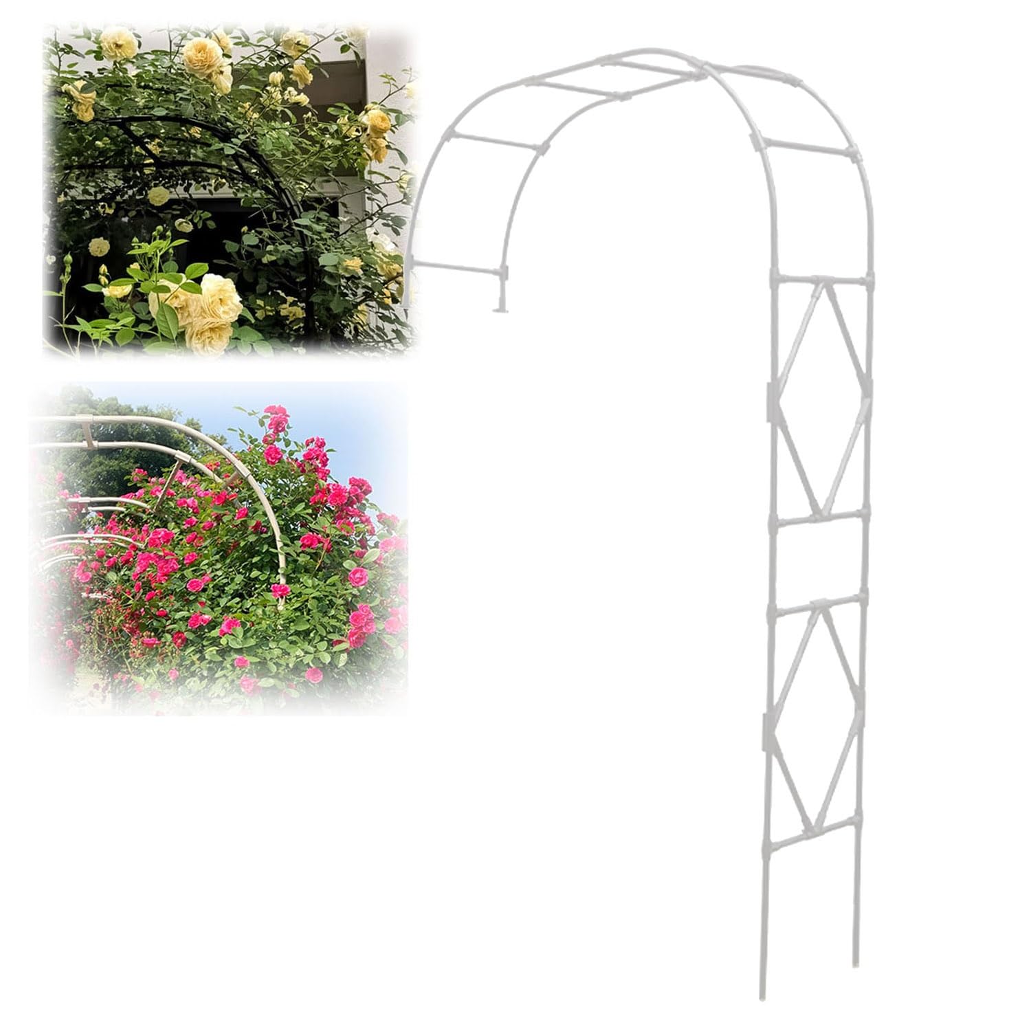 Pérgola de metal en medio arco blanco, ideal para guiar plantas de jardín