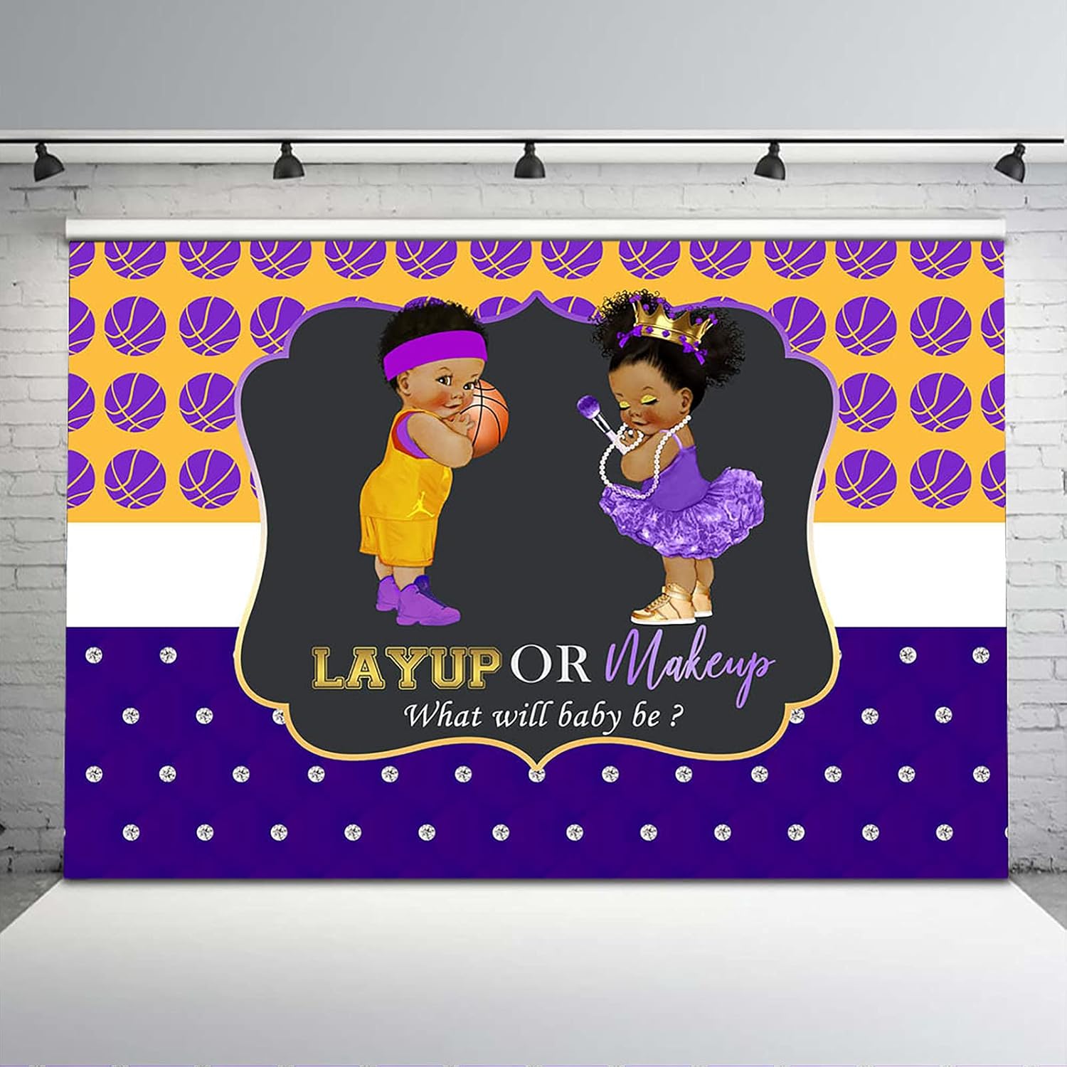 Avezano Layup or Makeup Gender Reveal Backdrop Purple Basketball Boy or Girl Gender Reveal Party Background Banner He or She What Will Baby Be Gender Reveal Party Backdrops Decorations (8x6)