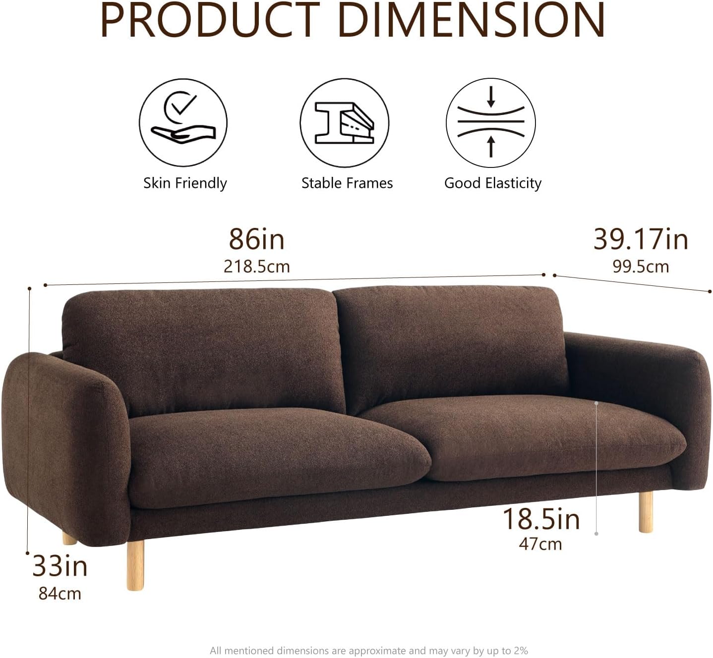 Get Set Style Scandi 3 Seater Sofa Couches, 86” Minimalist Modern Upholstered Sofa with Comfort Cushions Couch for Living Room & Apartment (Chocolate, Sofa)