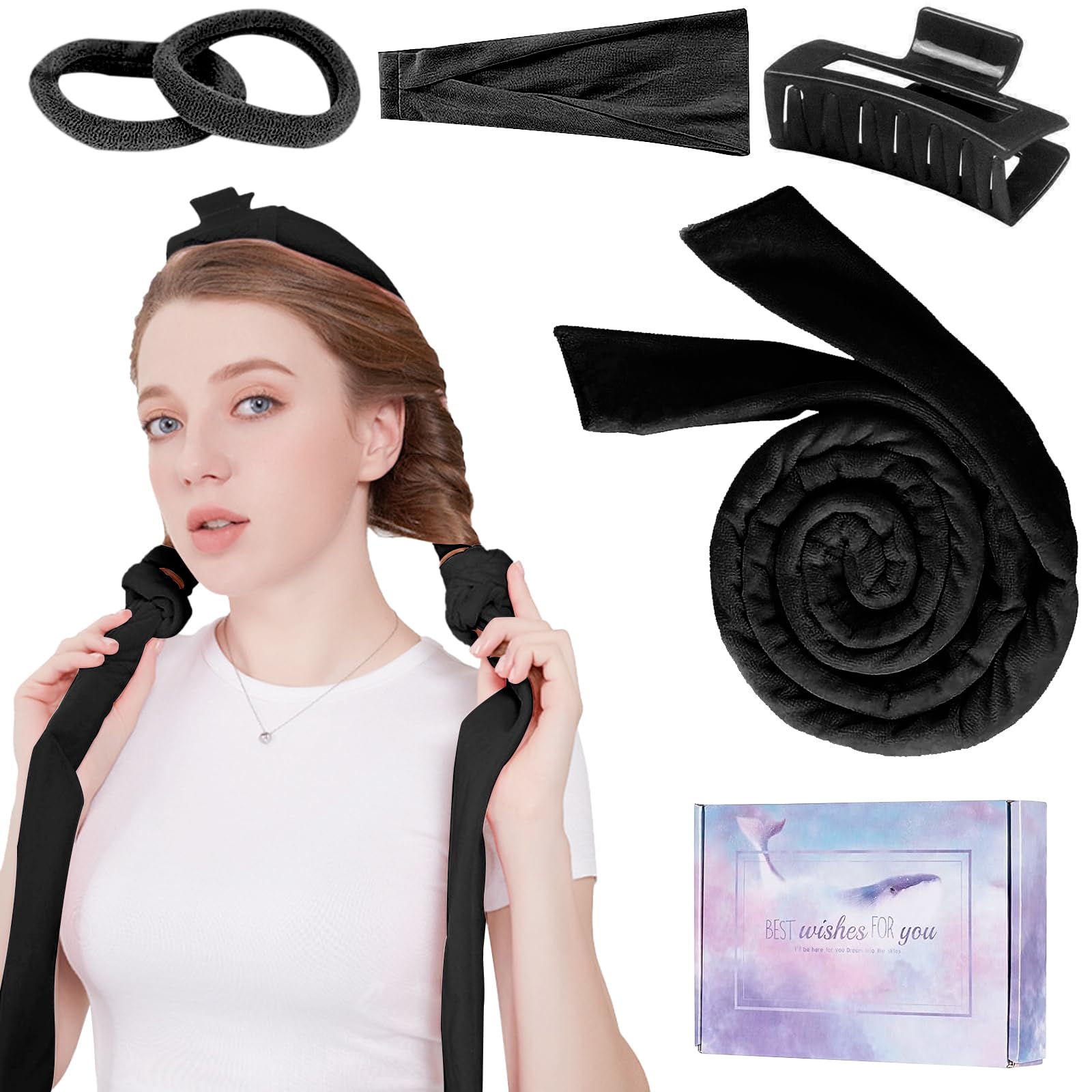 Rizador de Pelo Sin Calor, Rulos Heatless Curls Rizador para Cabello, DIY Heatless Hair Curlers, Rizador Pelo Sin Calor Con Clip de Pelo Cinta de Pelo para Cabello Largo (Negro)