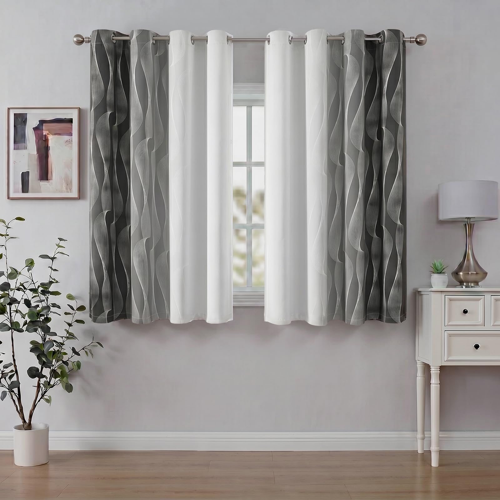 Gazal Vole Ombre Room Darkening Curtains – Modern Gradient Eyelet Drapes with Wave Line Pattern, 54 Inch Drop, 80-90% Darken Light for Living Room & Office (Dark Grey+White)-W 55 x L 54 inch