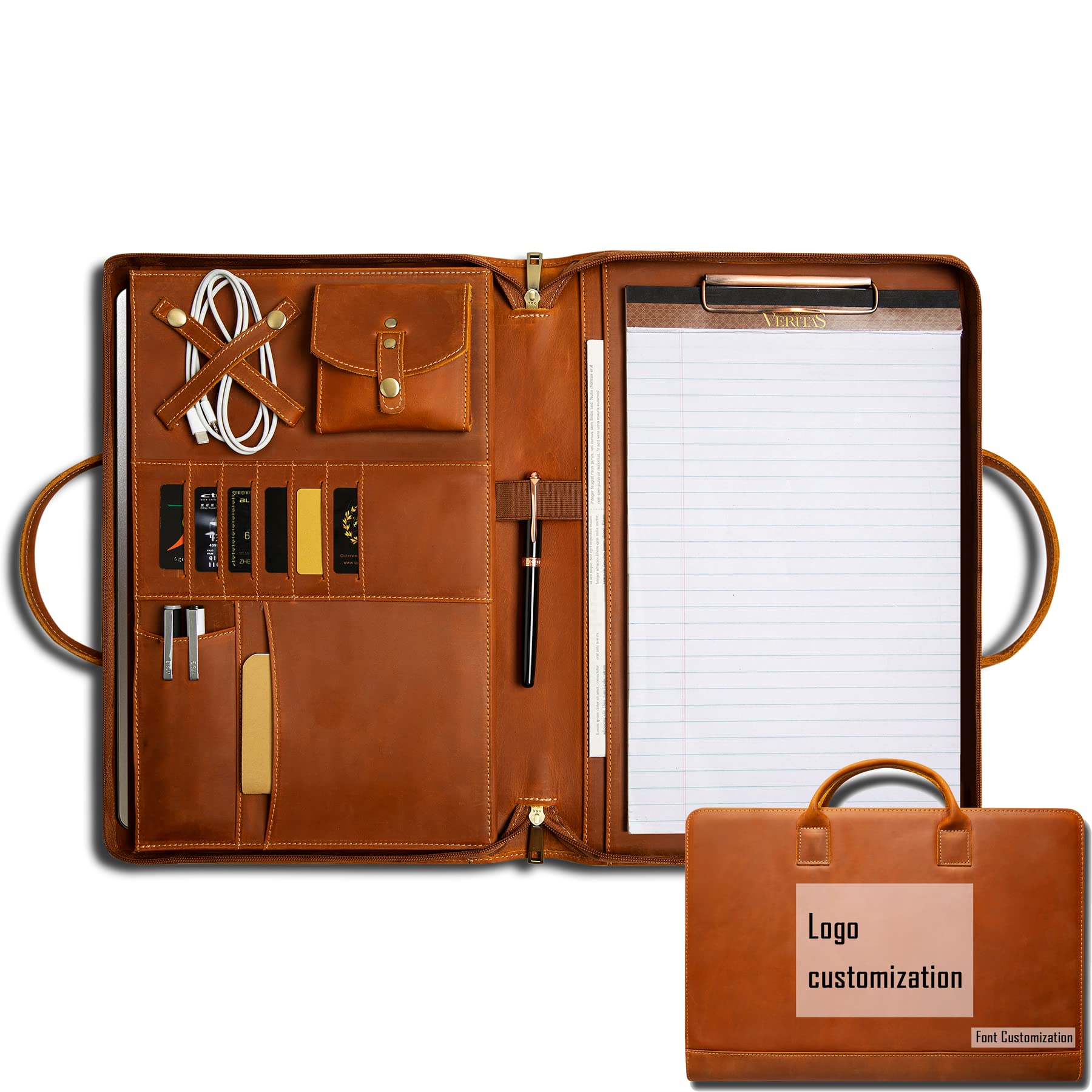 GZRHKJ Genuine Leather Portfolio, Padfolio Organizer with Handle, Personalized Padfolio，Padfolio with Zipper for Men Women，Suitable for 15-inch Laptop