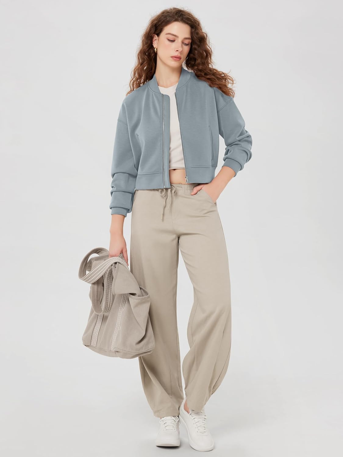 ODODOS Modal Soft Full-Zip Bomber Jacket for Women Long Sleeve Casual Fall Outfit Crop Top with Pockets - Image 5