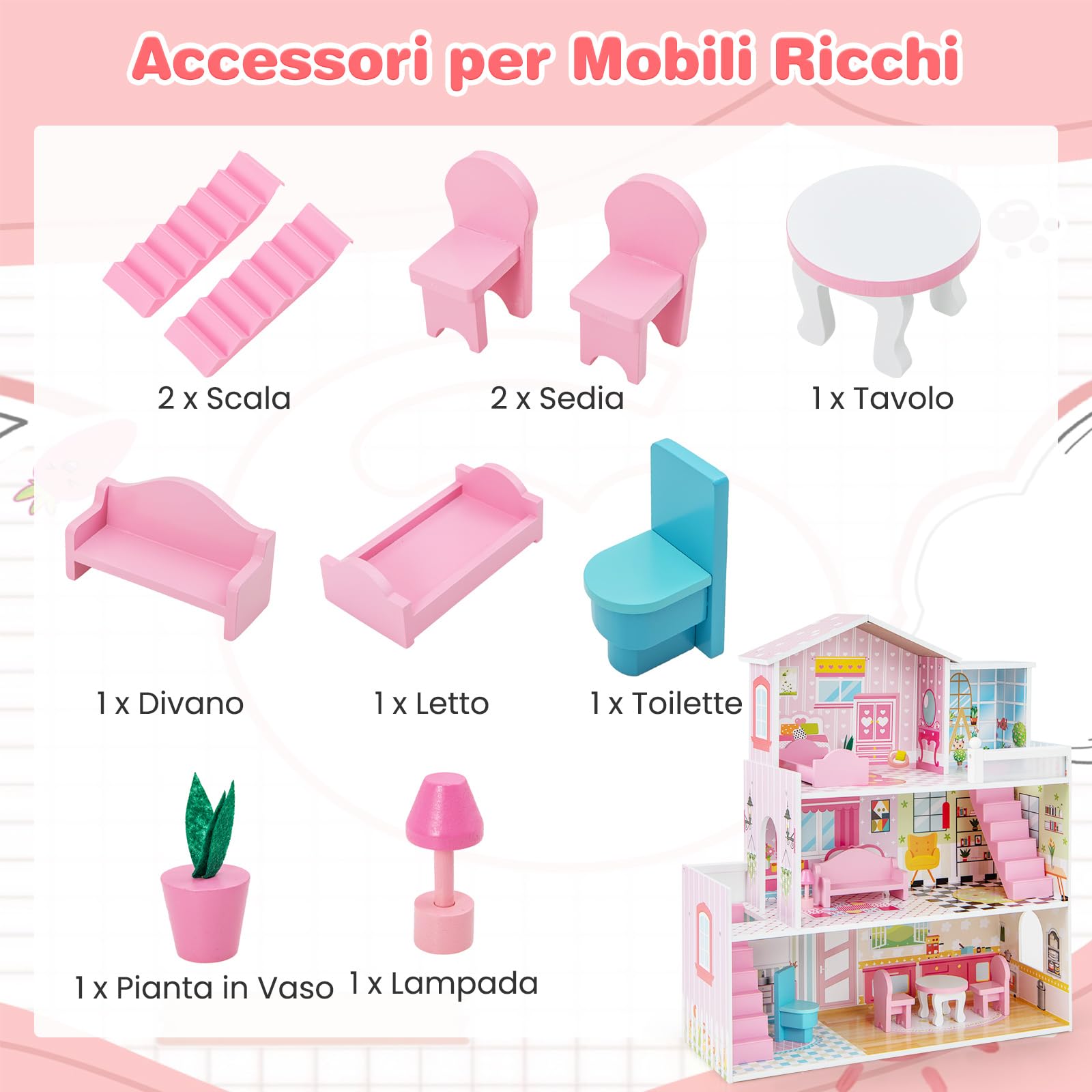 RELAX4LIFE Casa delle Bambole in Legno con 3 Piani, 5 Stanze e Mobili, Accessori e 2 Scale e Graziosi Sfondi, Giocattolo per bambini 3 Anni+